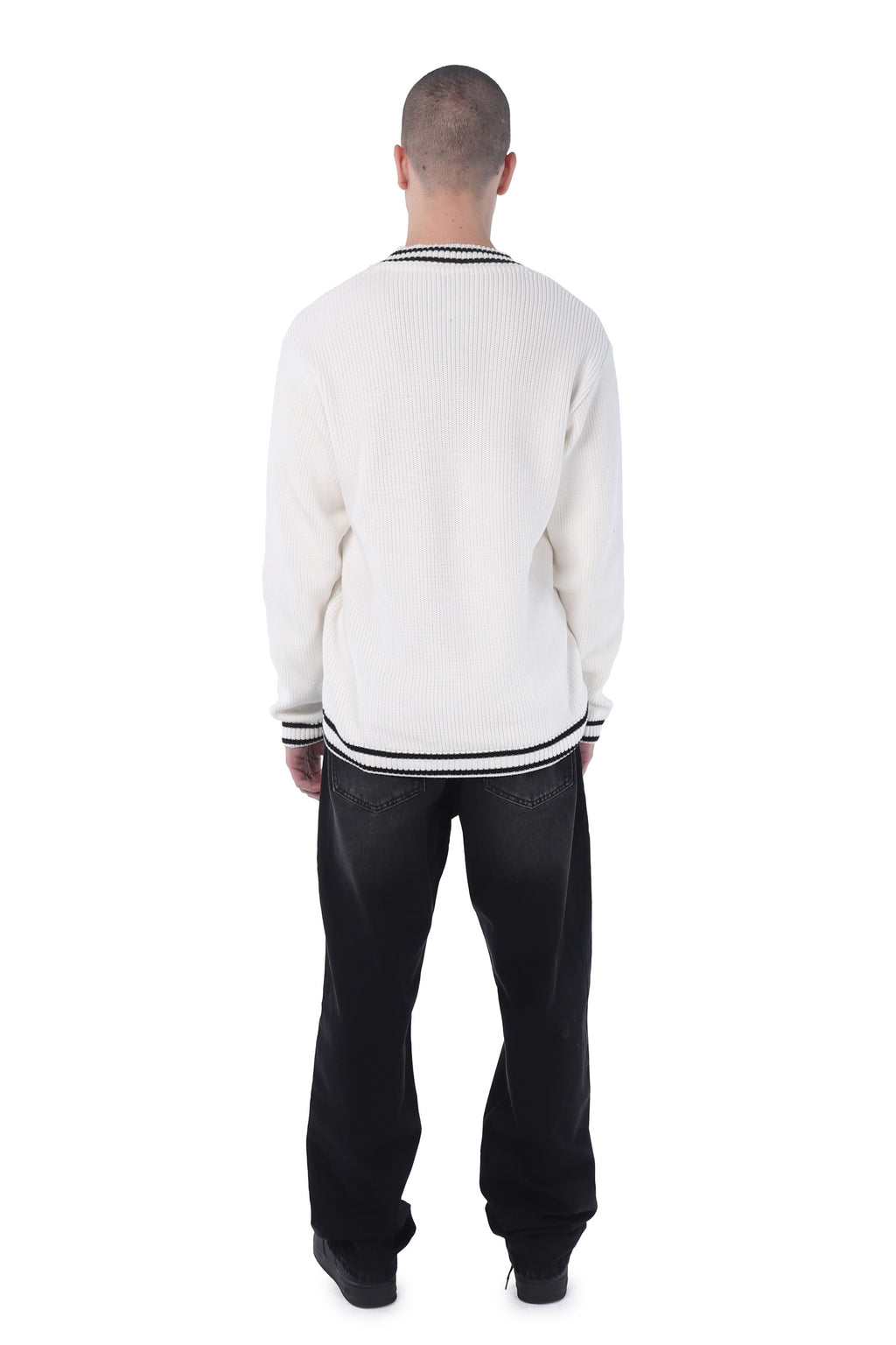 White Knitted Oversized V-neck Sweater