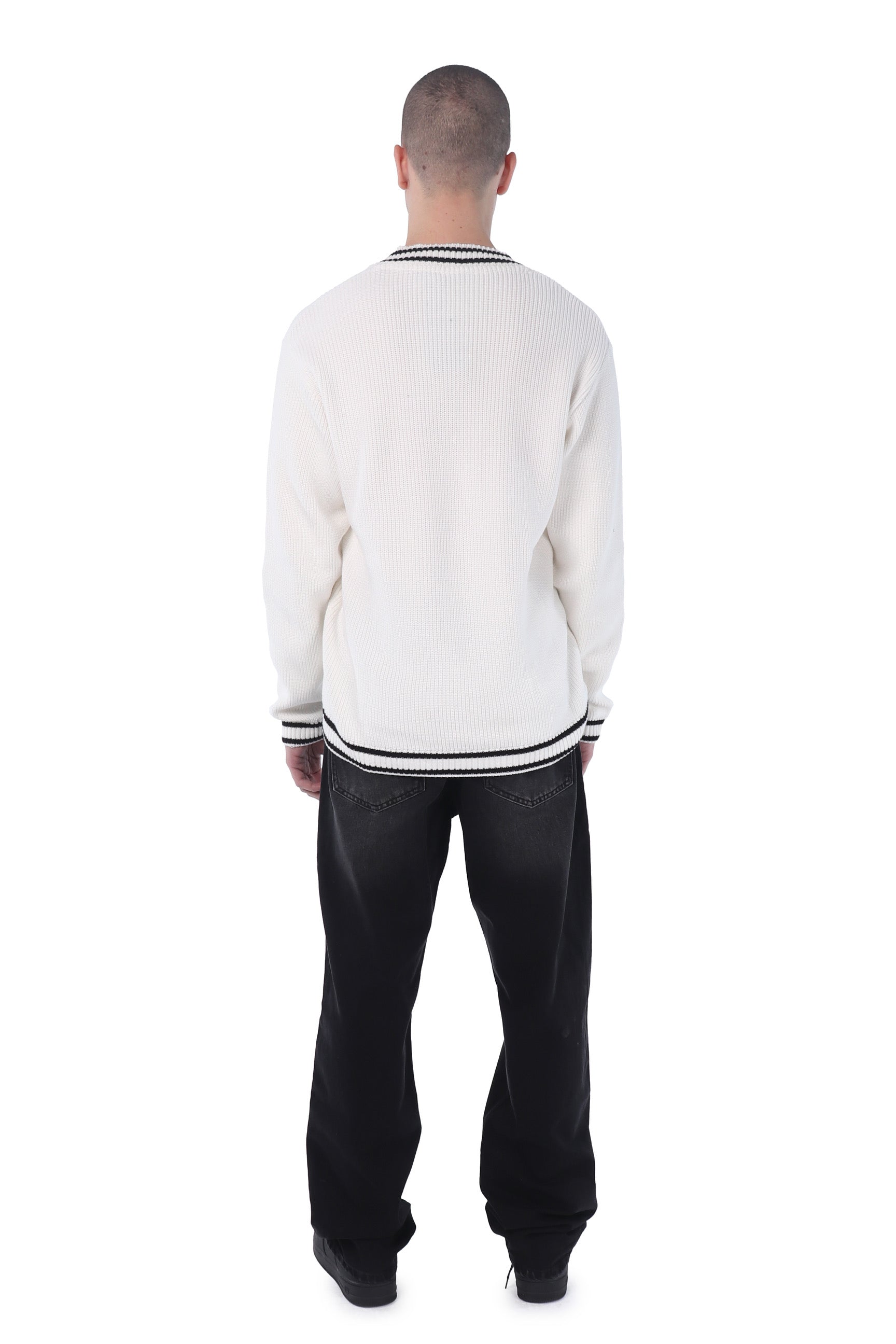 White Knitted Oversized V-neck Sweater