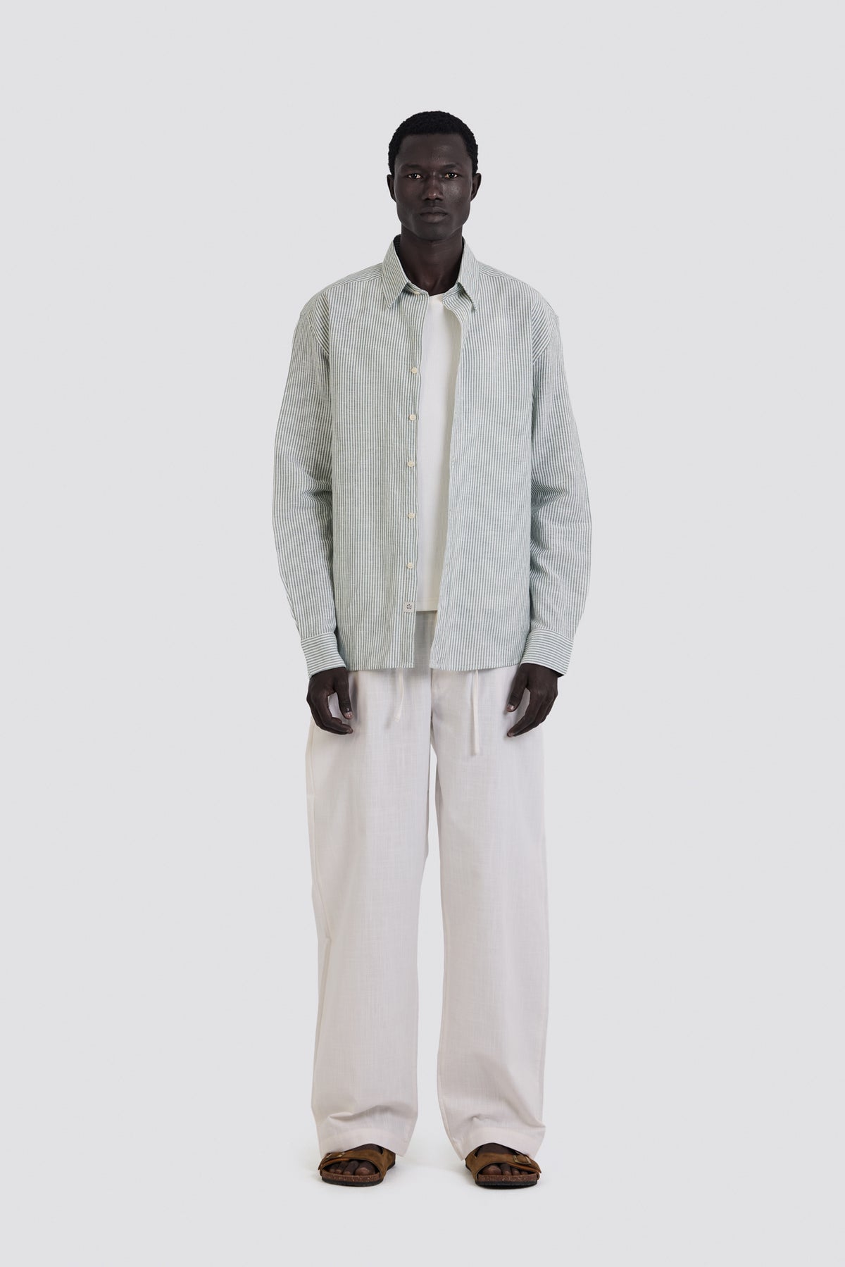 03C Oversized Striped Linen Green Shirt