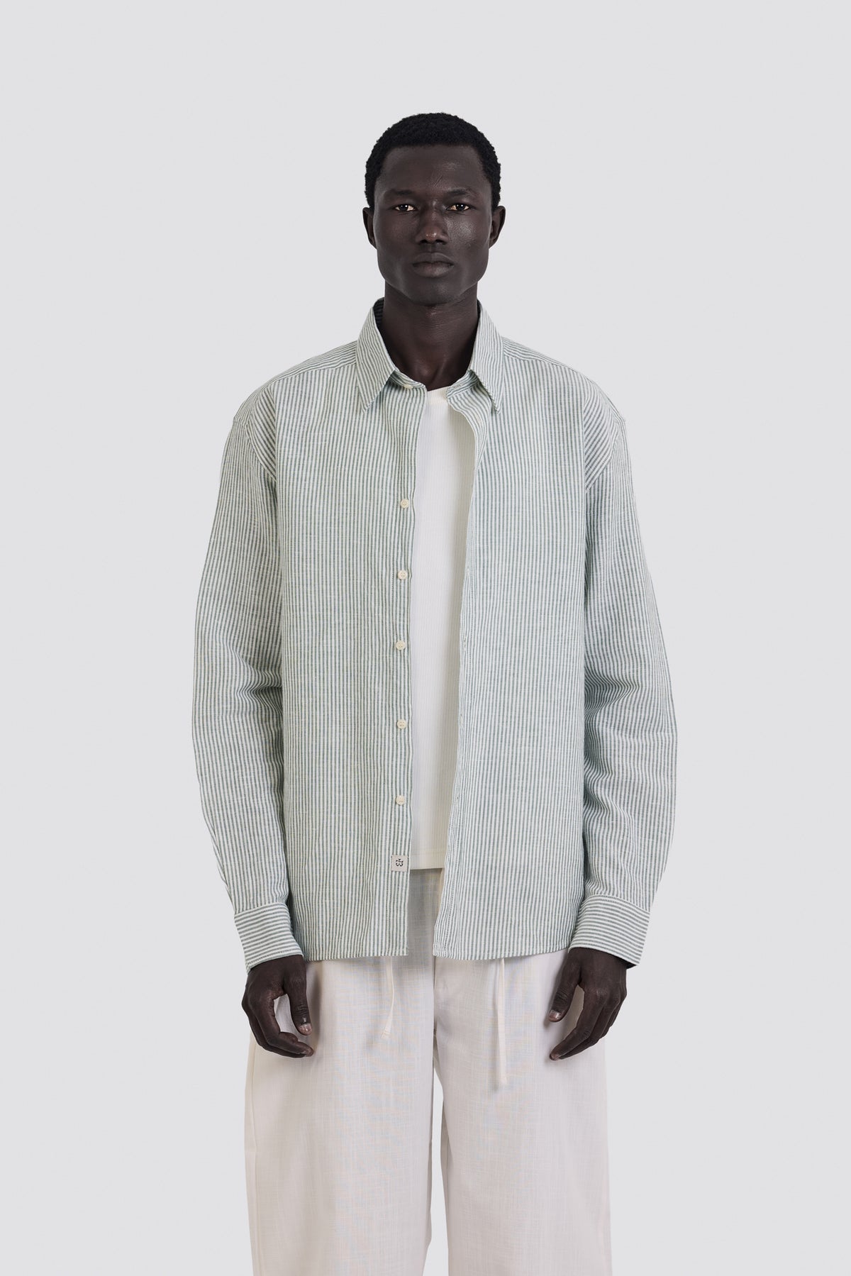 03C Oversized Striped Linen Green Shirt