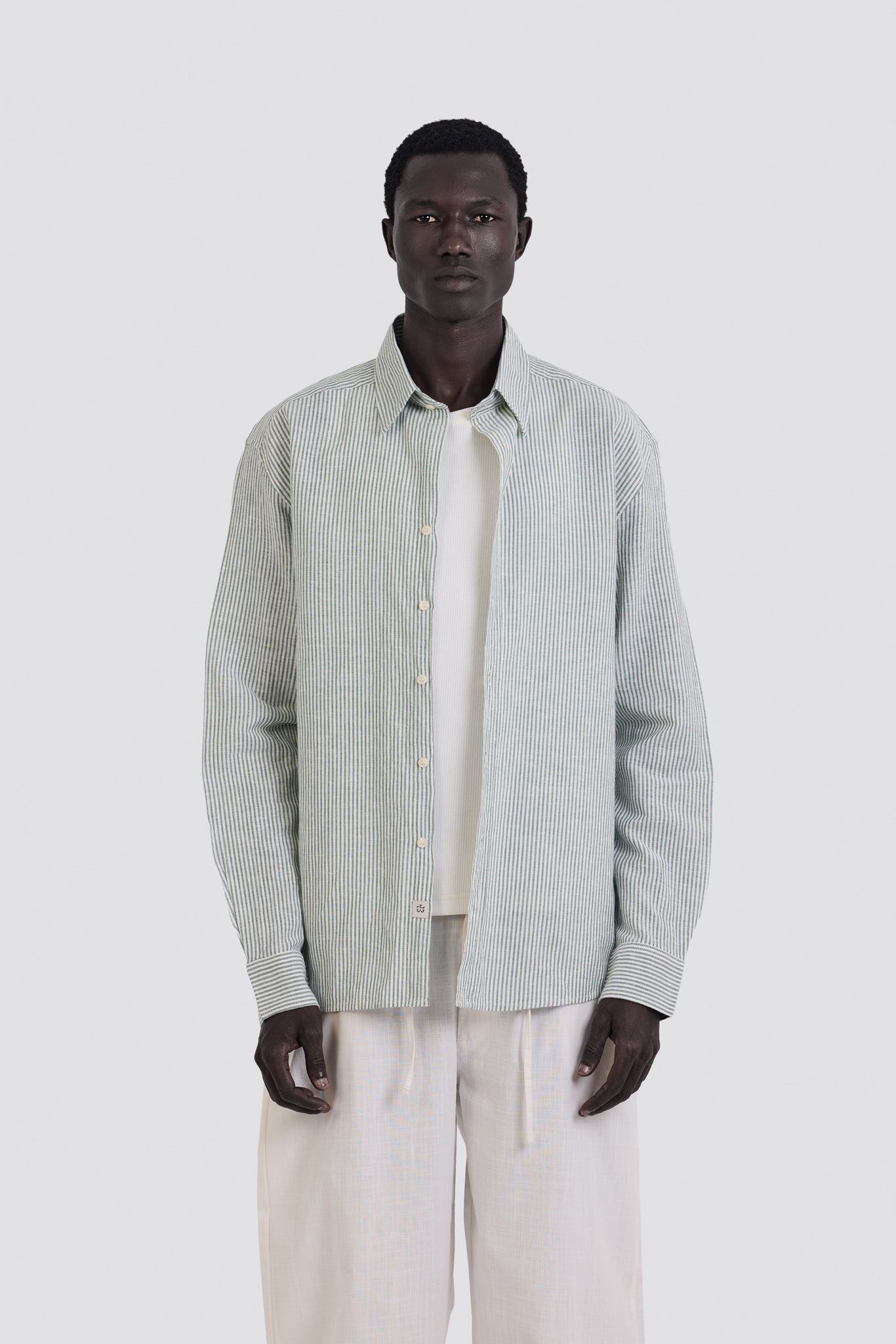 03C Oversized Striped Linen Green Shirt