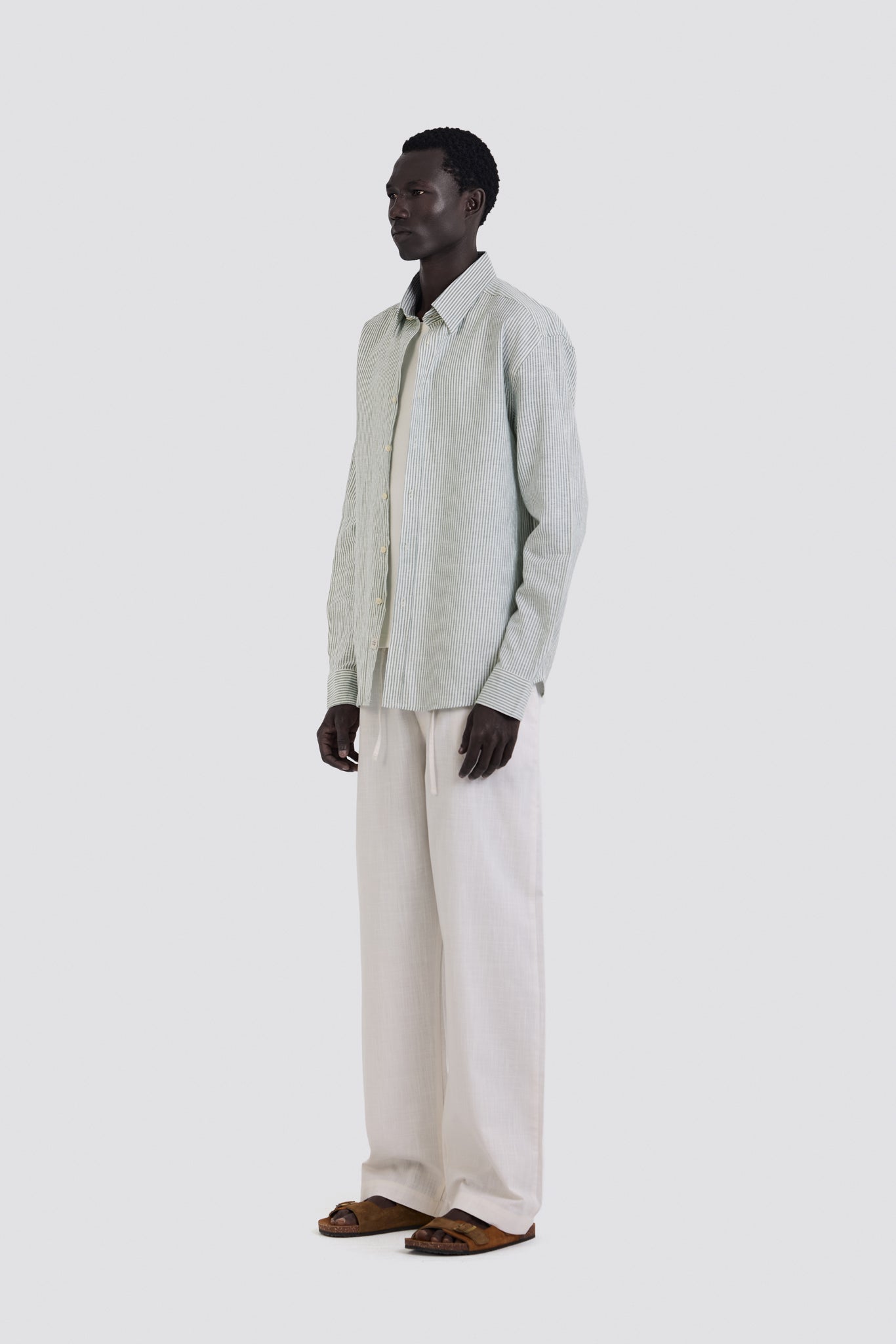 03C Oversized Striped Linen Green Shirt