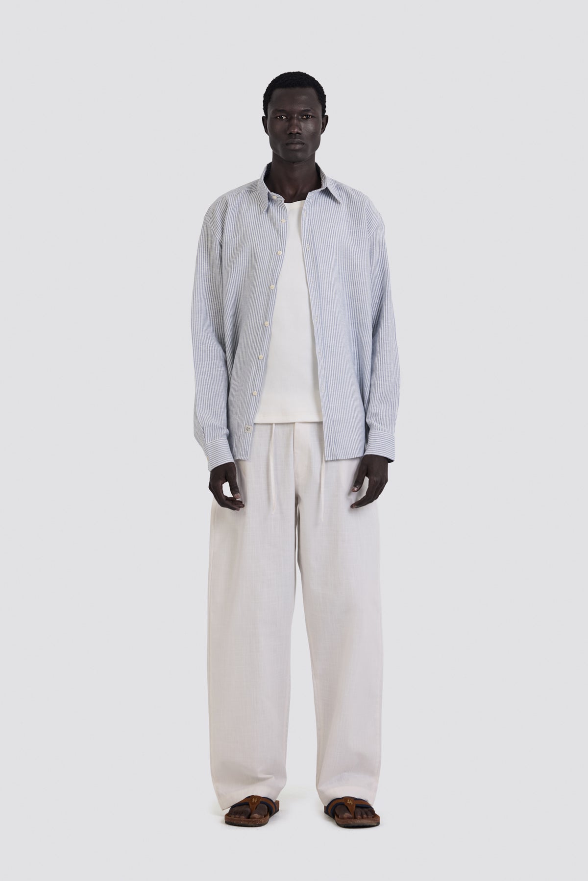 03C Oversized Striped Linen Baby Blue Shirt