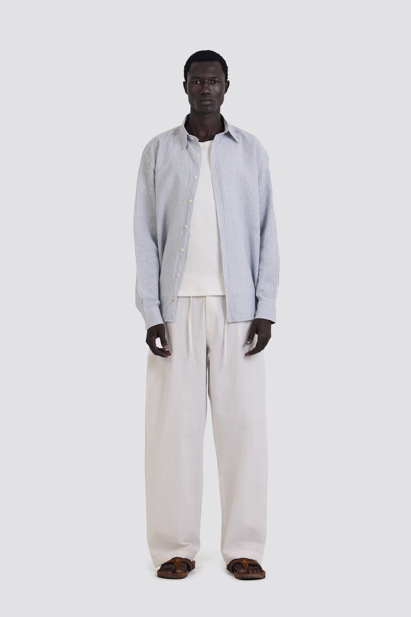 03C Oversized Striped Linen Baby Blue Shirt