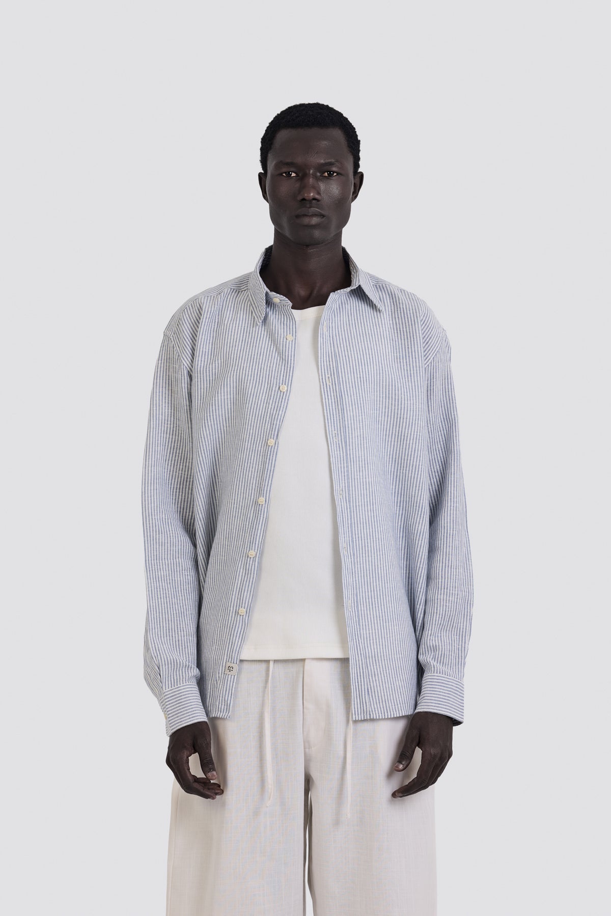 03C Oversized Striped Linen Baby Blue Shirt
