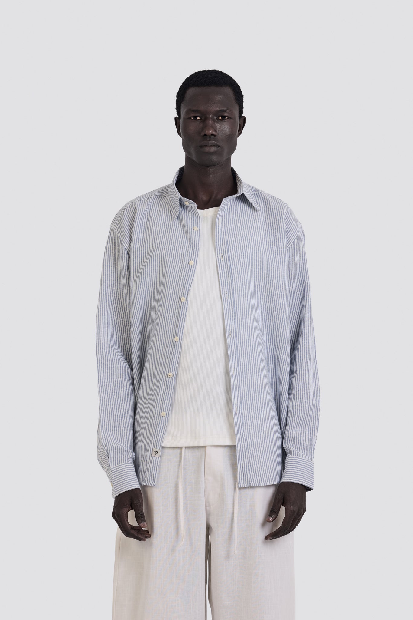 03C Oversized Striped Linen Baby Blue Shirt