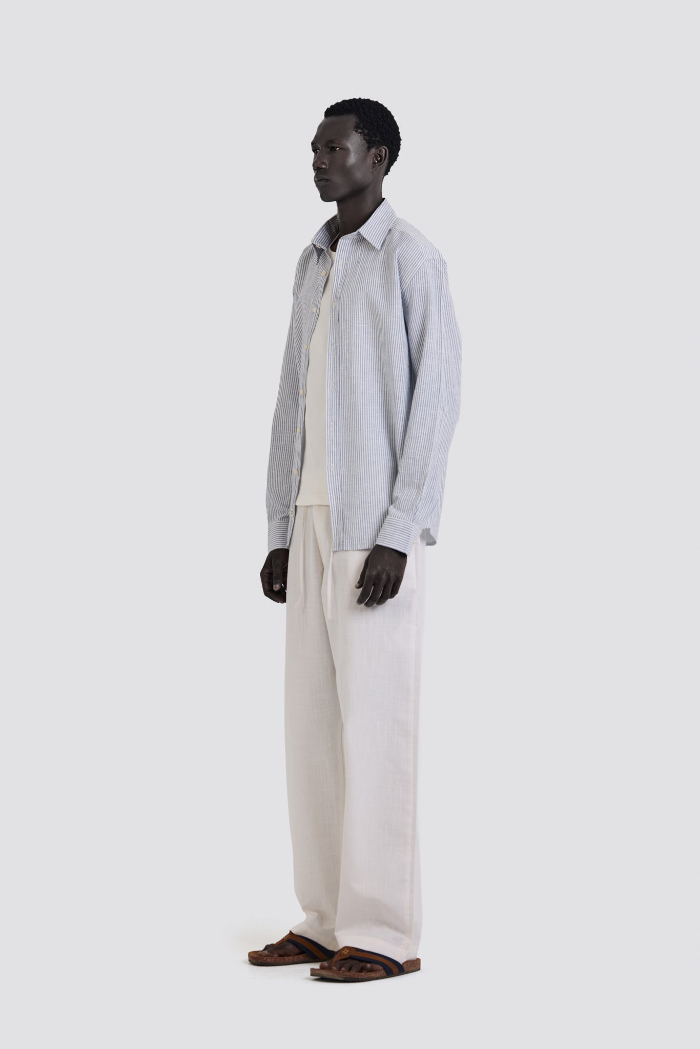 03C Oversized Striped Linen Baby Blue Shirt