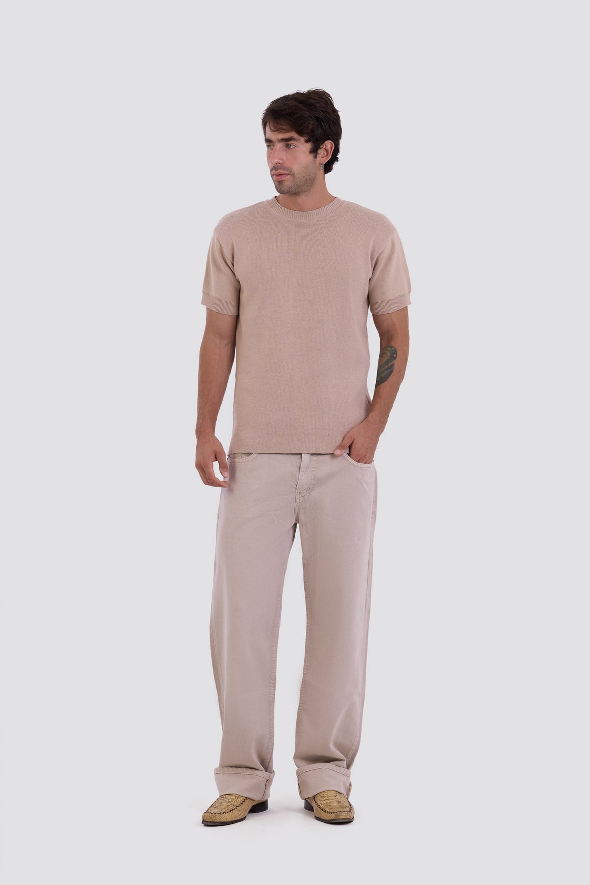 03C Relaxed Beige Purl Knit T-Shirt