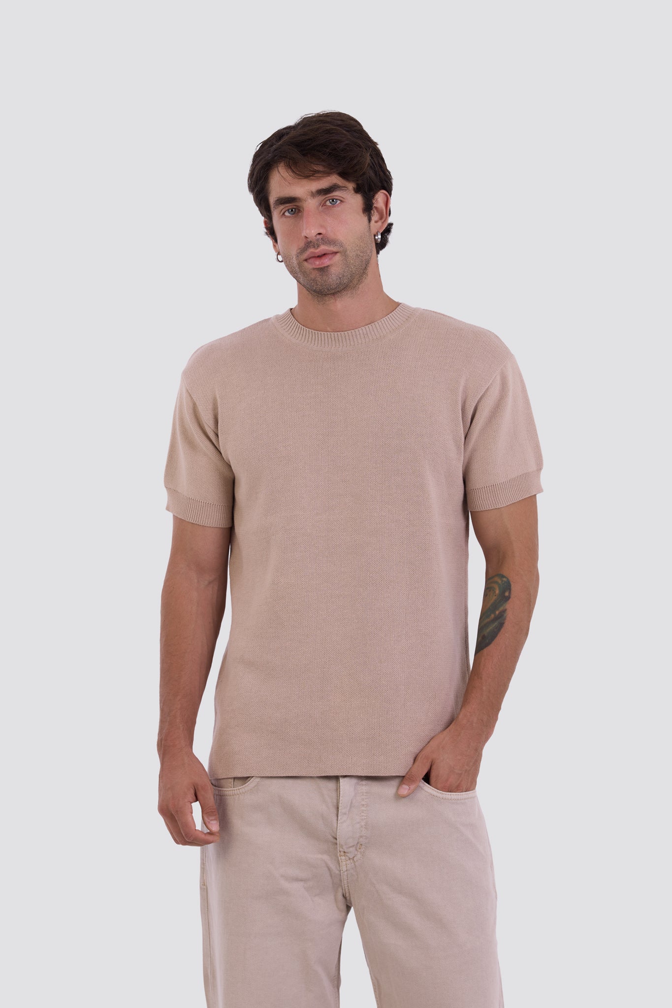 03C Relaxed Beige Purl Knit T-Shirt