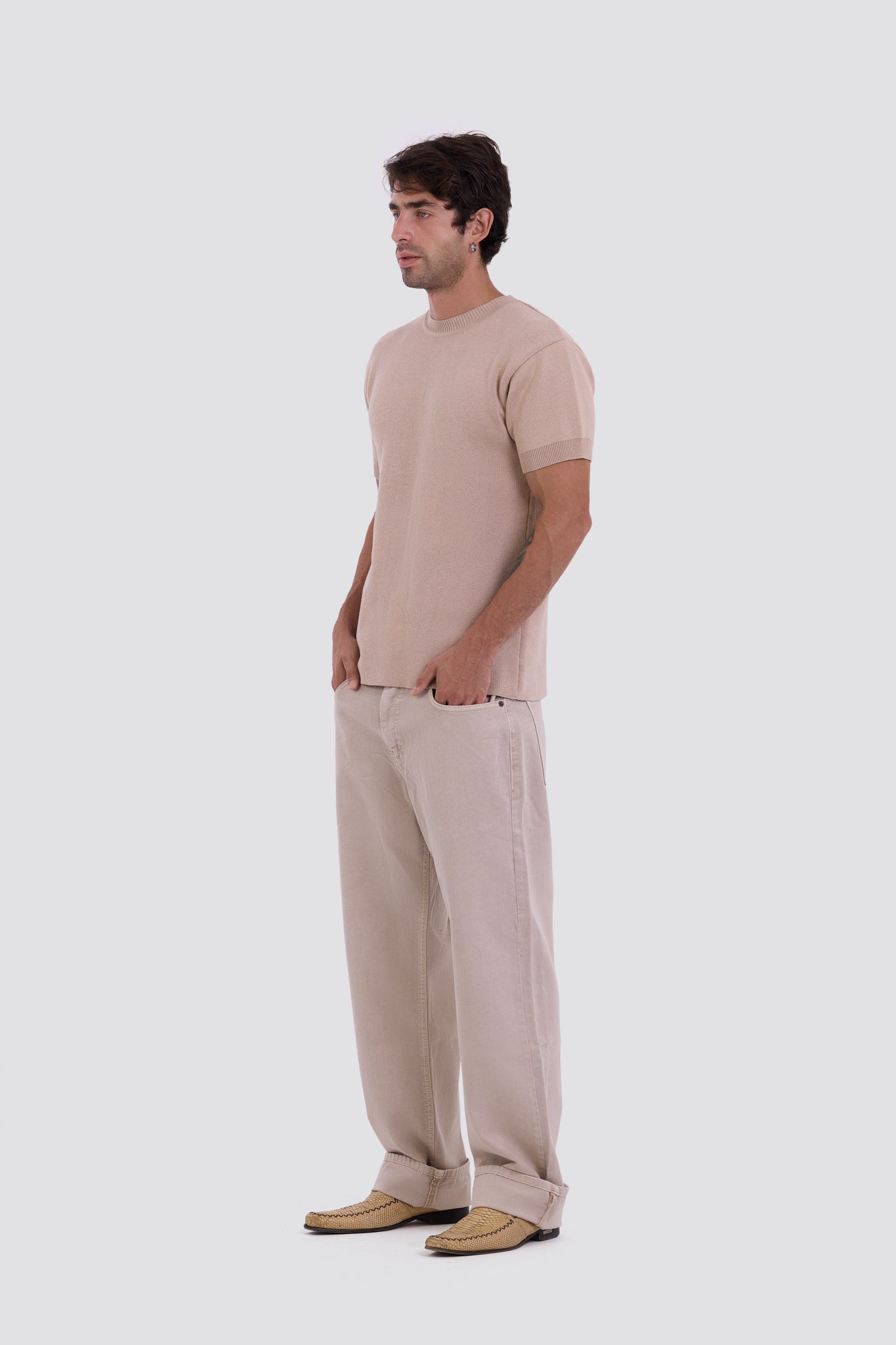 03C Relaxed Beige Purl Knit T-Shirt