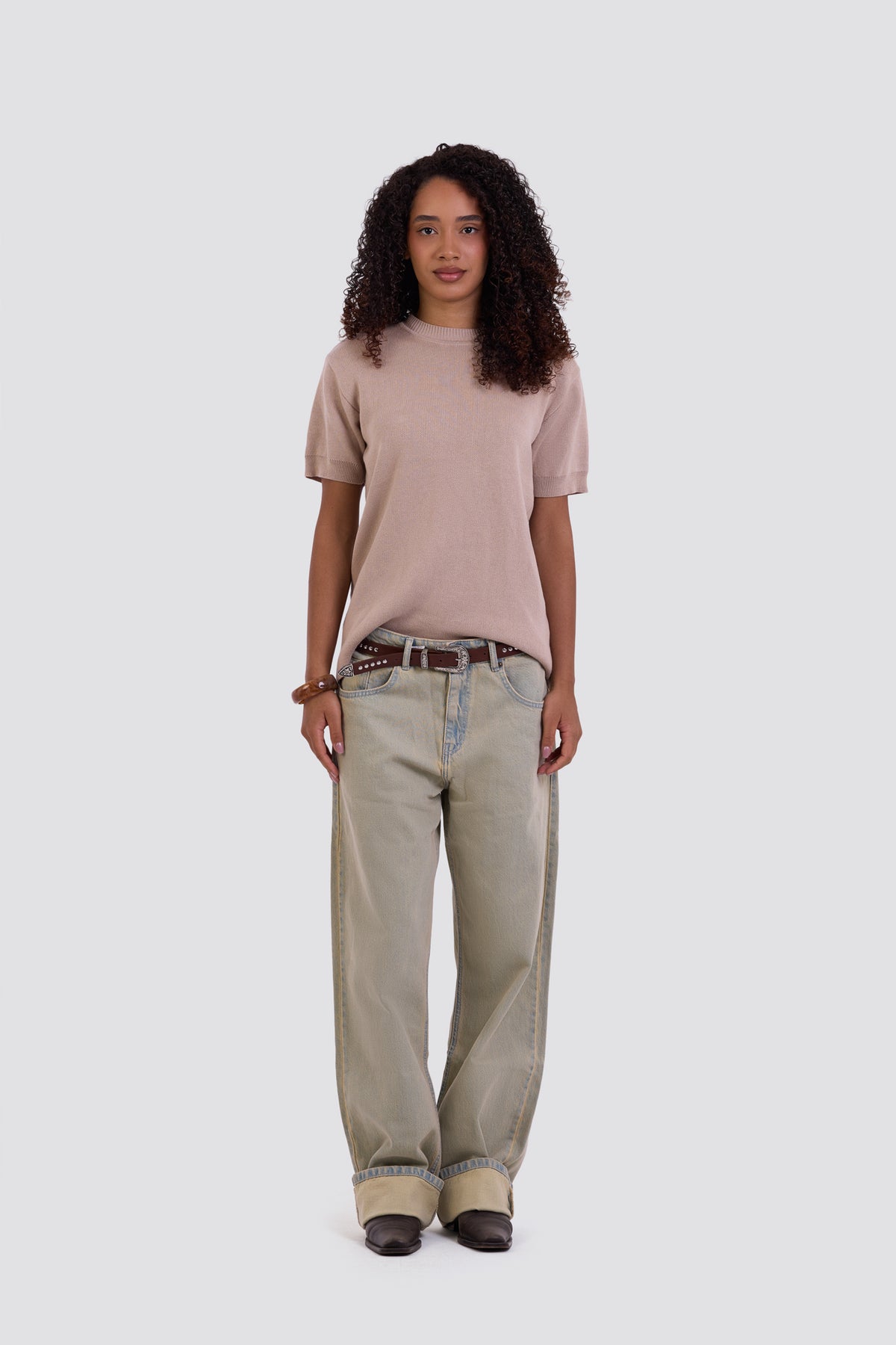 03C Relaxed Beige Purl Knit T-Shirt