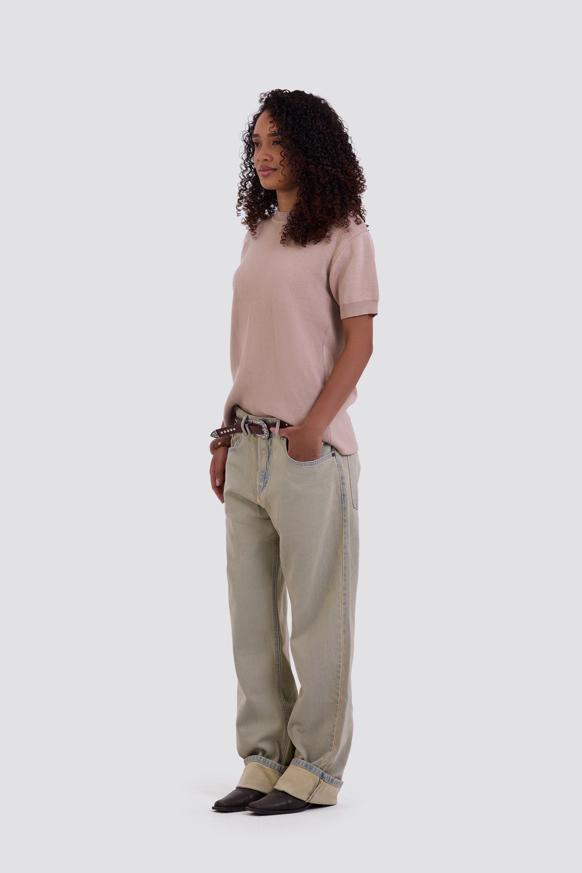 03C Relaxed Beige Purl Knit T-Shirt