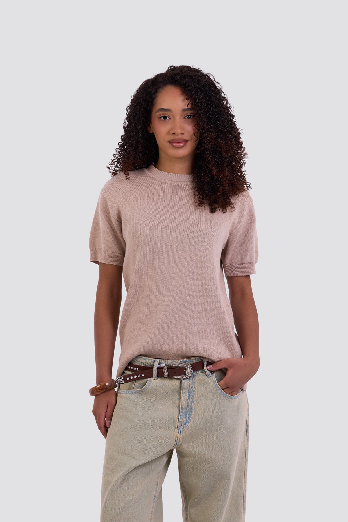 03C Relaxed Beige Purl Knit T-Shirt