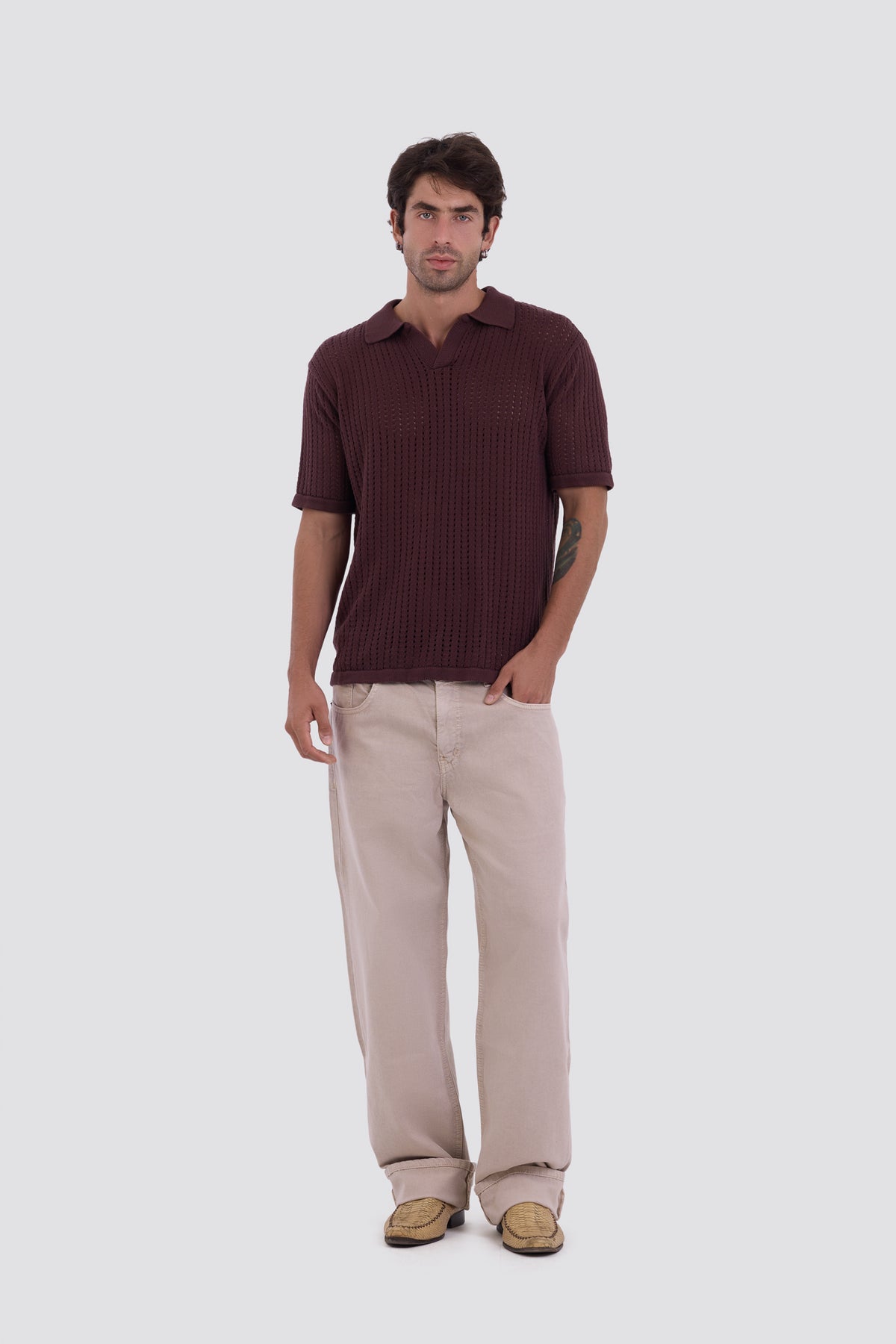 03C Relaxed Brown Vertical Textured Polo Shirt