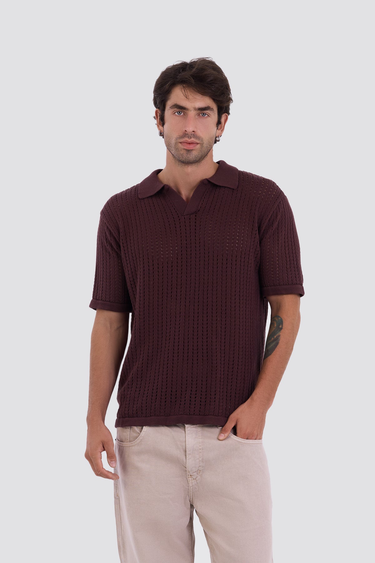 03C Relaxed Brown Vertical Textured Polo Shirt