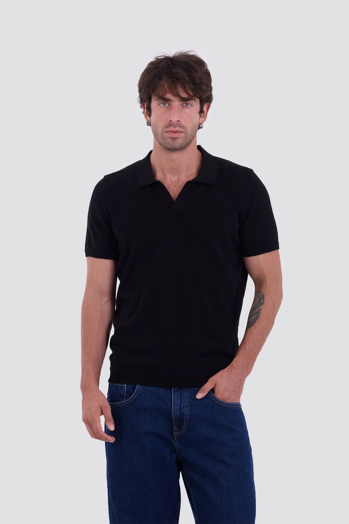 03C Relaxed Black Knit V-Neck Polo Shirt
