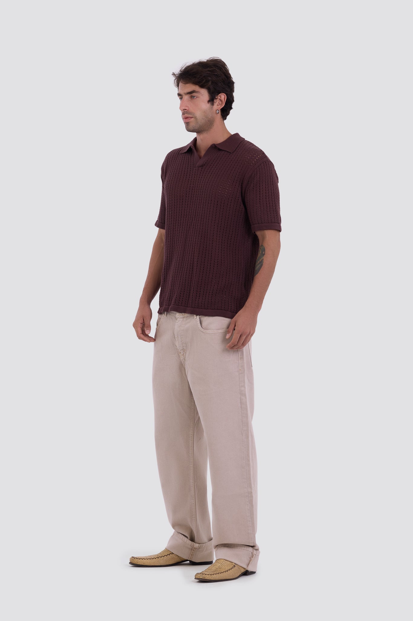 03C Relaxed Brown Vertical Textured Polo Shirt