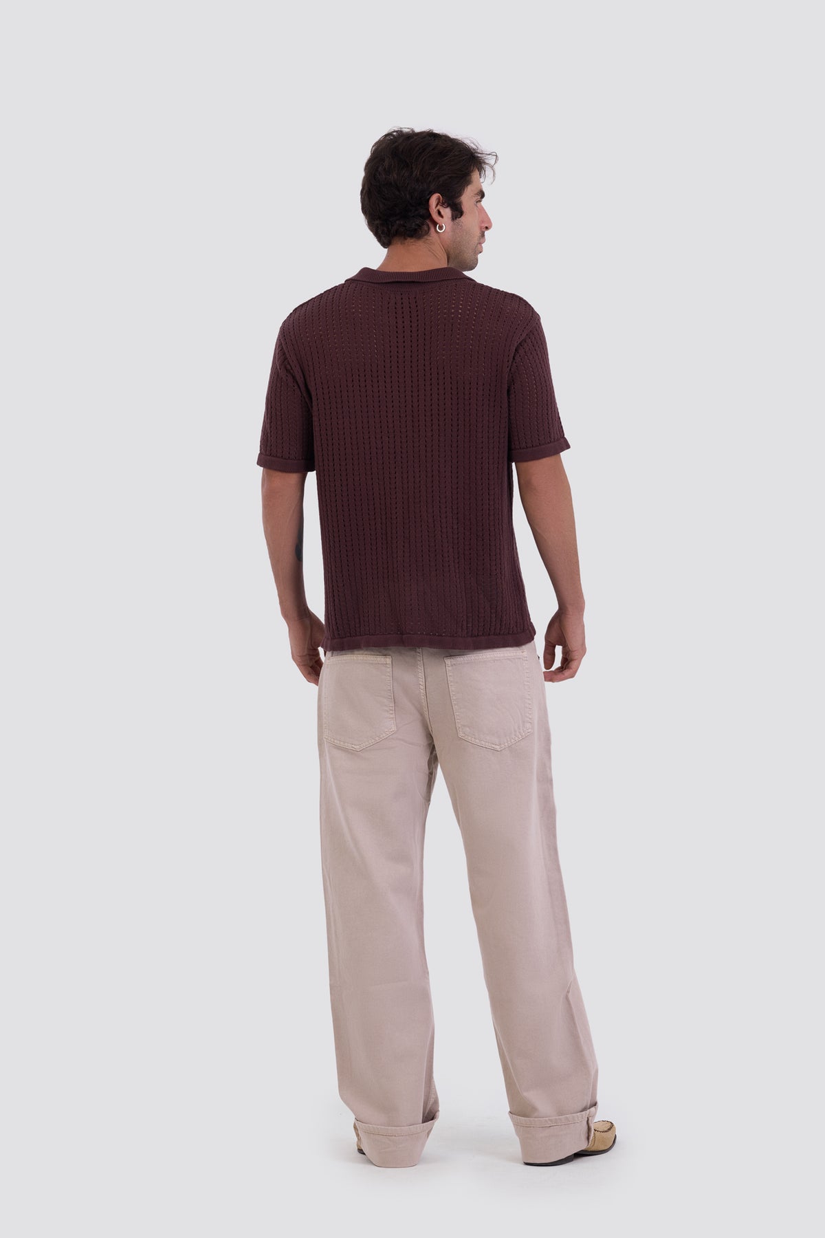 03C Relaxed Brown Vertical Textured Polo Shirt