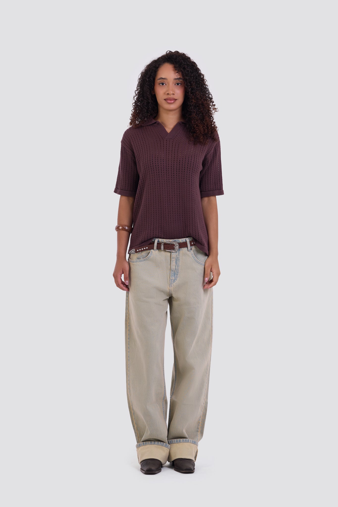 03C Relaxed Brown Vertical Textured Polo Shirt