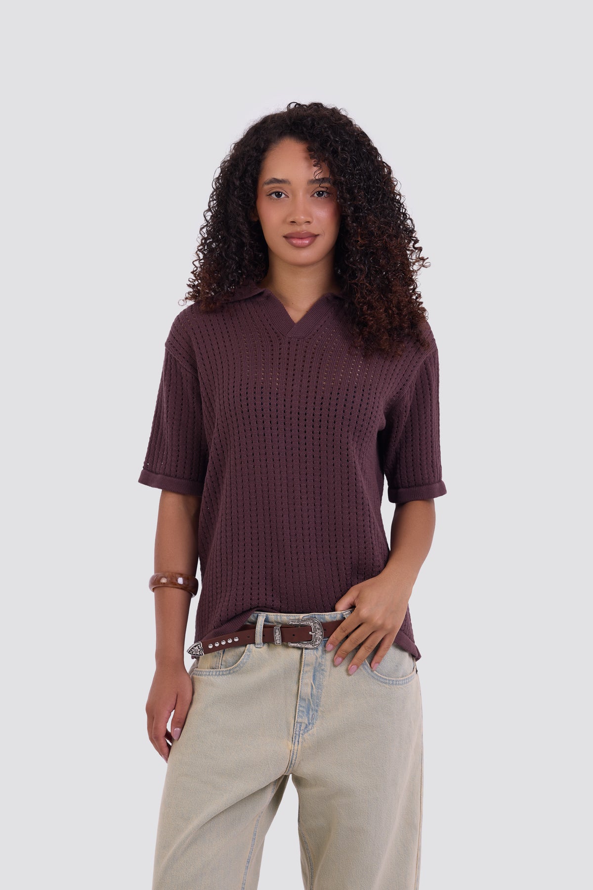 03C Relaxed Brown Vertical Textured Polo Shirt