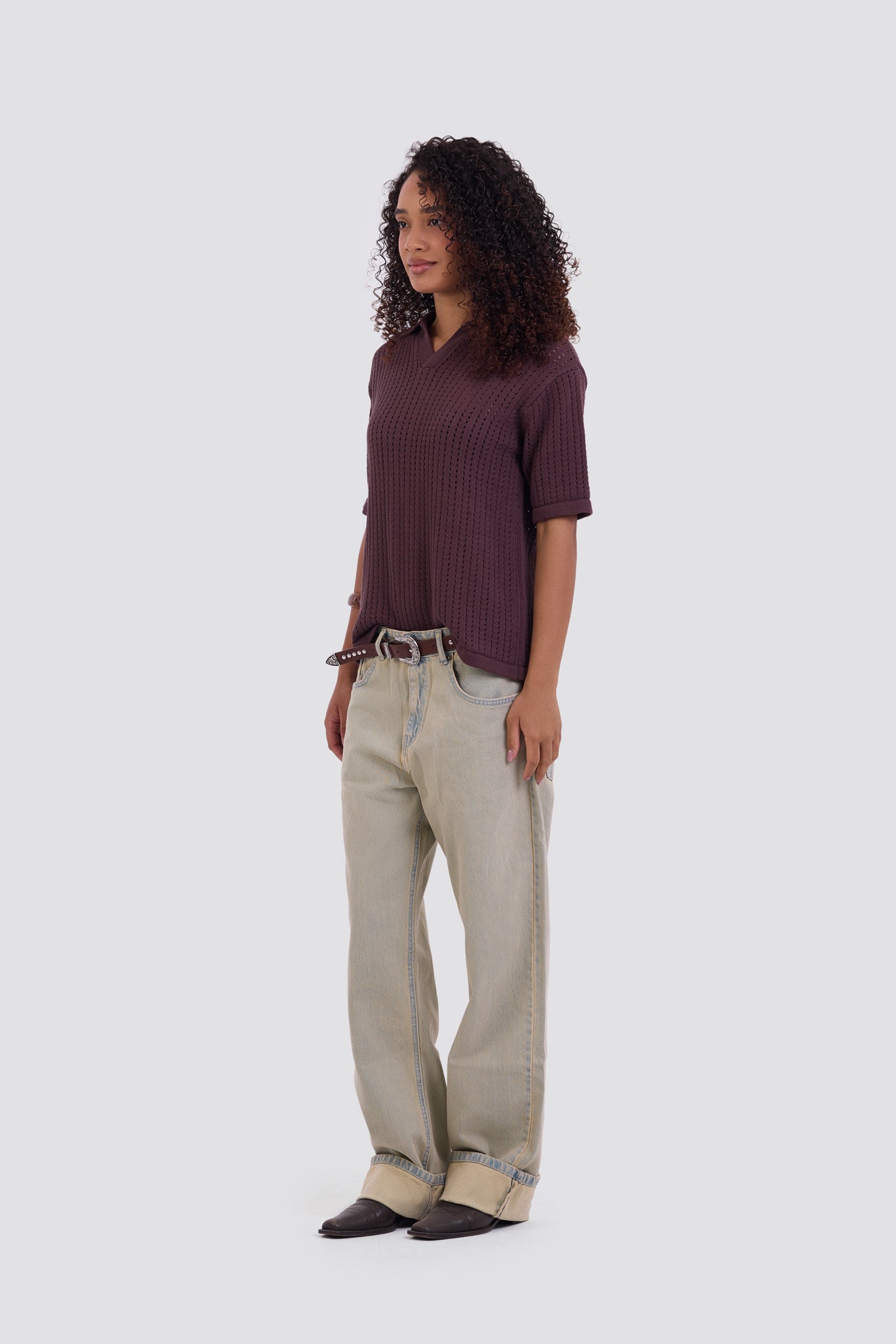 03C Relaxed Brown Vertical Textured Polo Shirt
