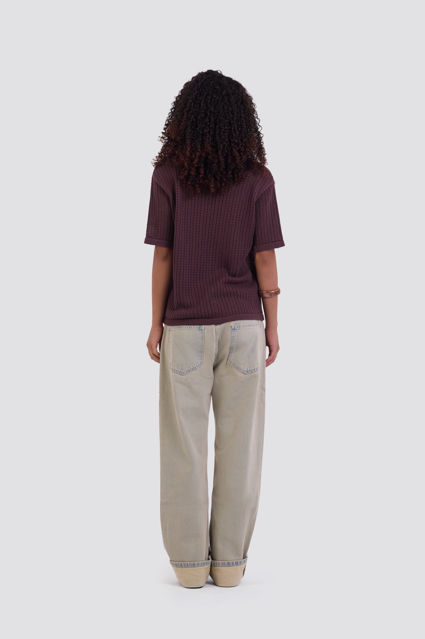 03C Relaxed Brown Vertical Textured Polo Shirt