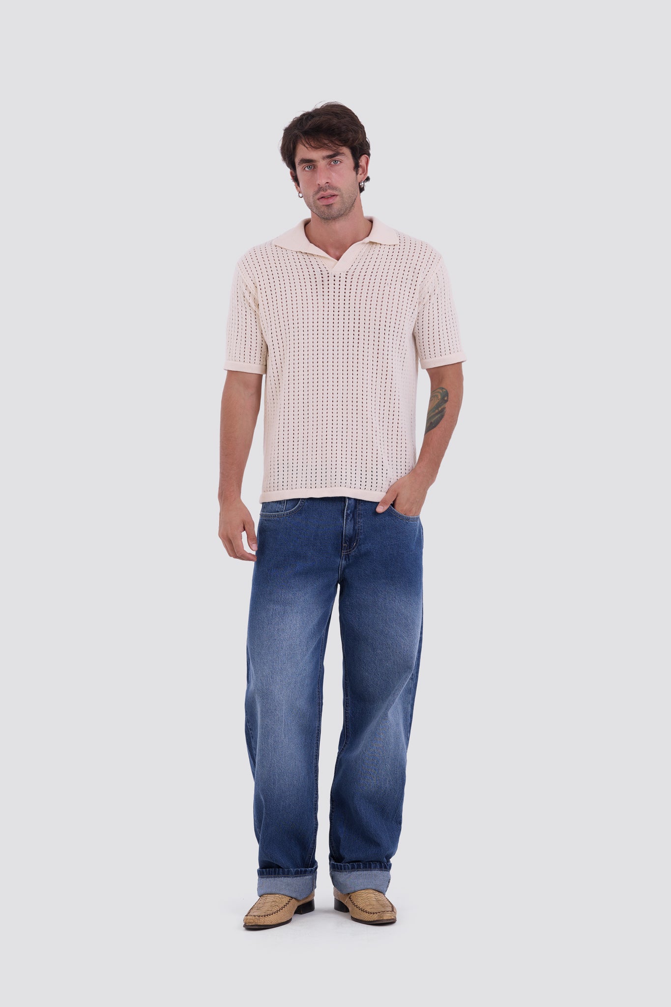 03C Relaxed Cream Vertical Textured Polo Shirt