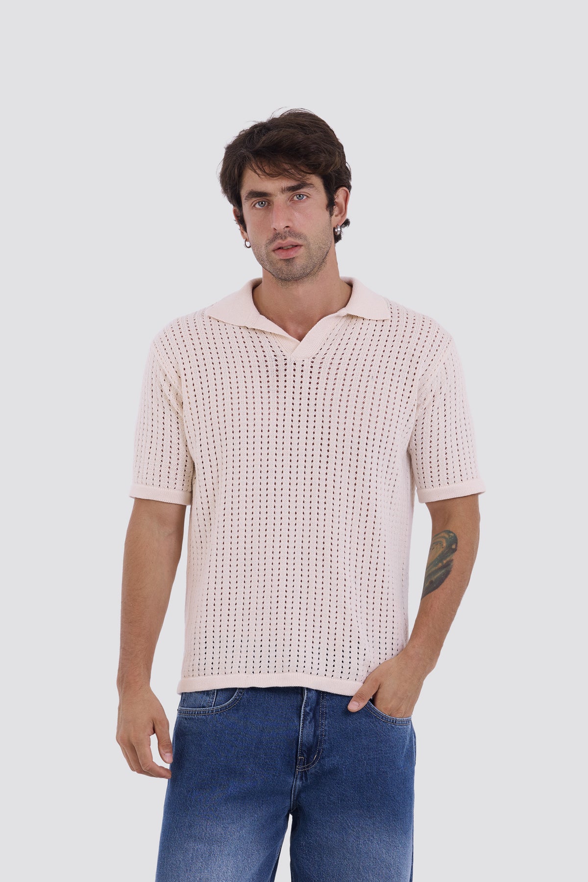 03C Relaxed Cream Vertical Textured Polo Shirt