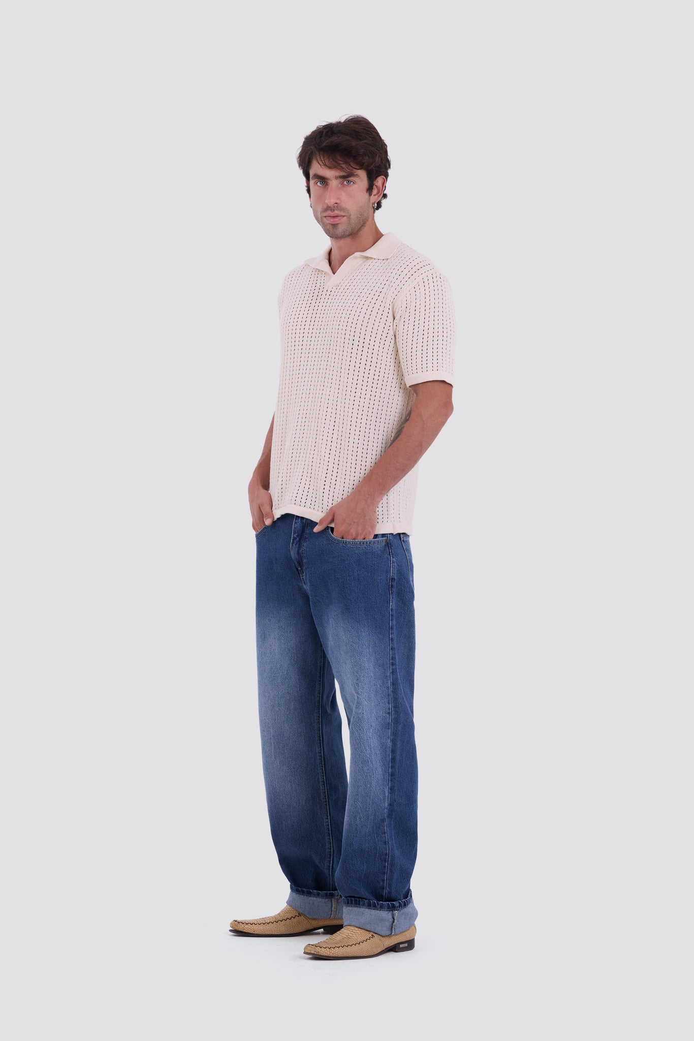 03C Relaxed Cream Vertical Textured Polo Shirt