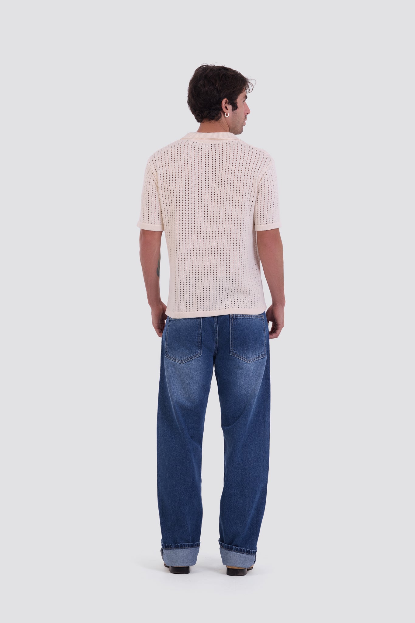 03C Relaxed Cream Vertical Textured Polo Shirt