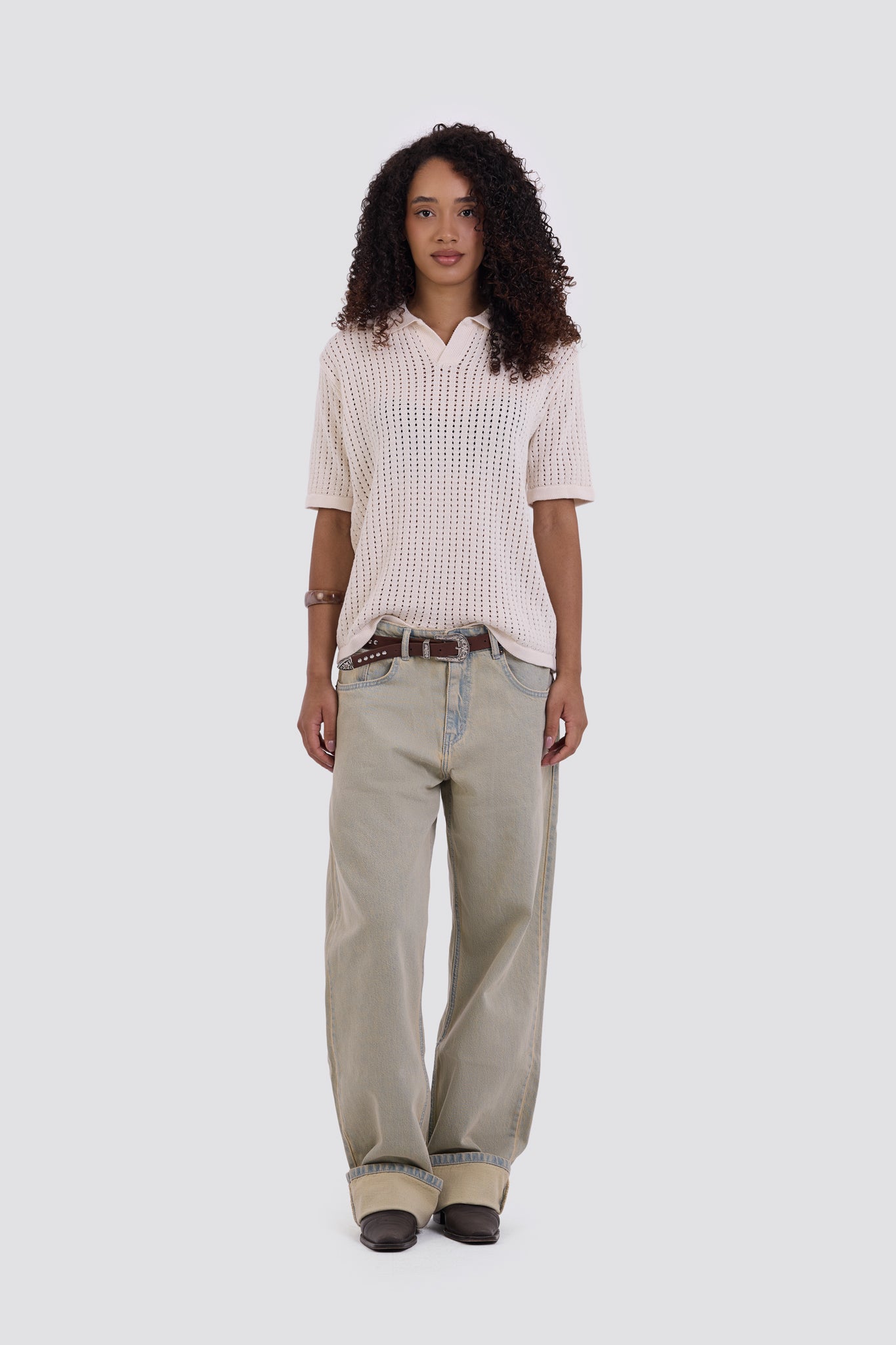 03C Relaxed Cream Vertical Textured Polo Shirt