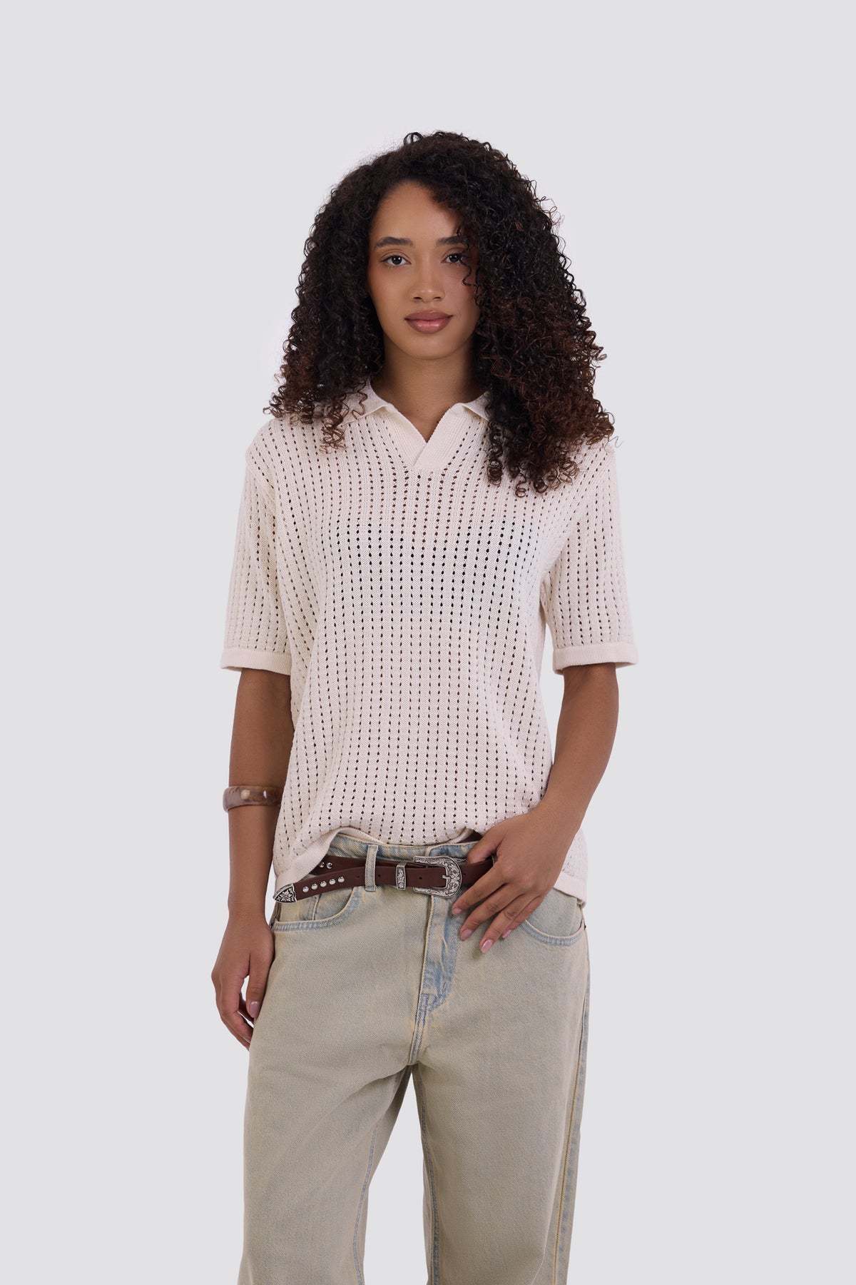 03C Relaxed Cream Vertical Textured Polo Shirt