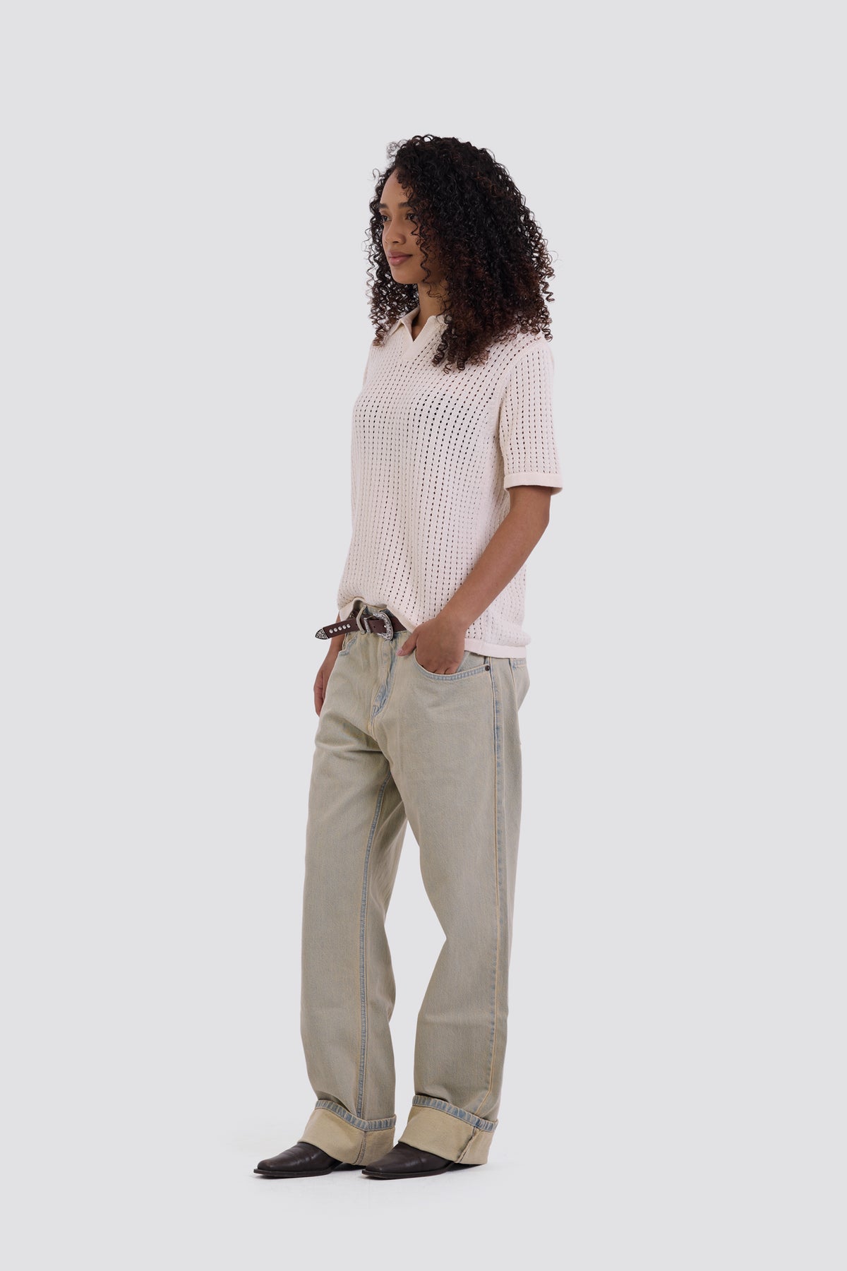 03C Relaxed Cream Vertical Textured Polo Shirt