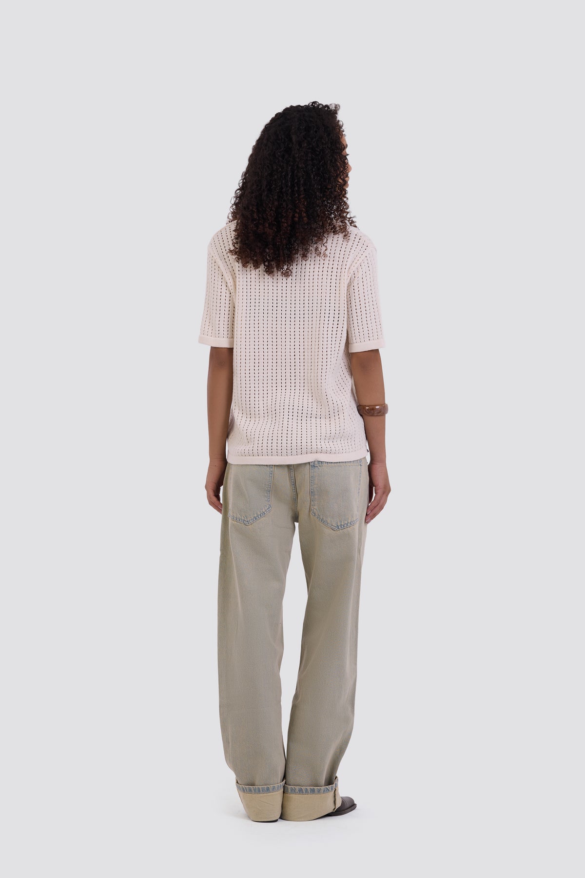 03C Relaxed Cream Vertical Textured Polo Shirt