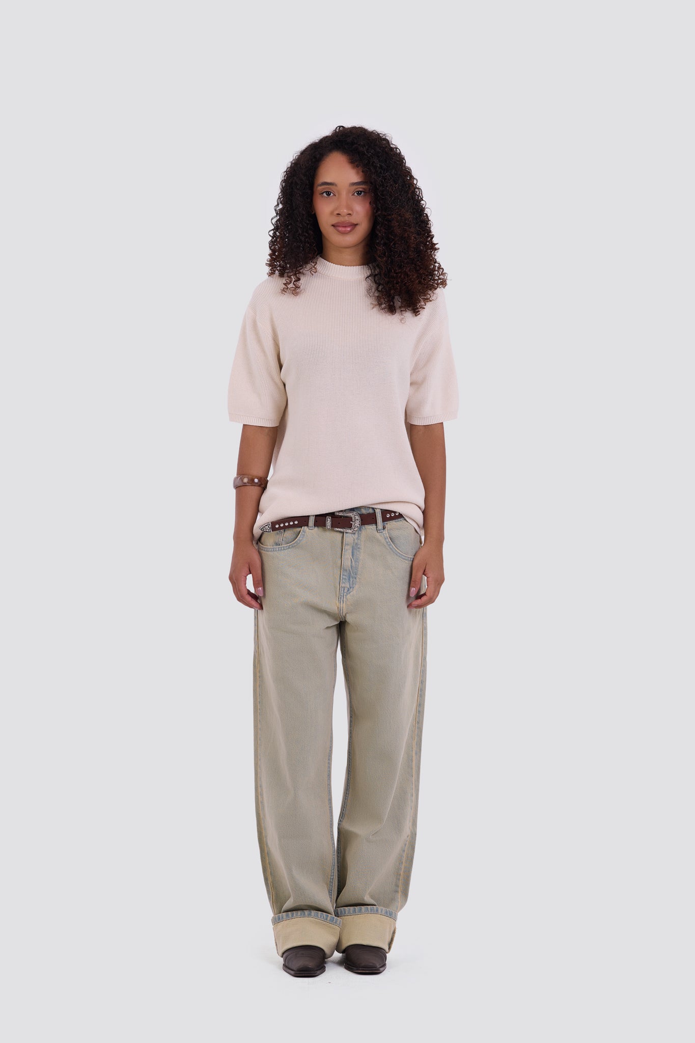 03C Relaxed Cream Knit Cotton T-Shirt