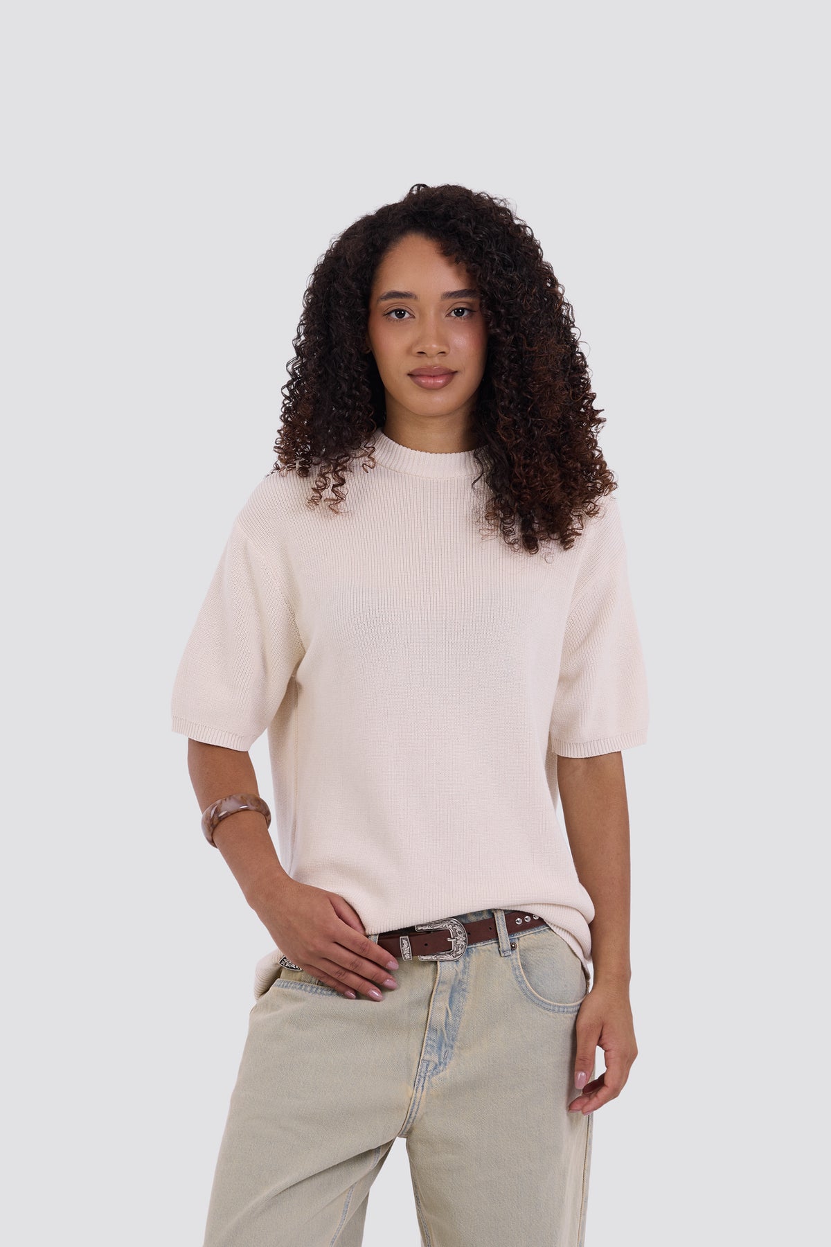 03C Relaxed Cream Knit Cotton T-Shirt