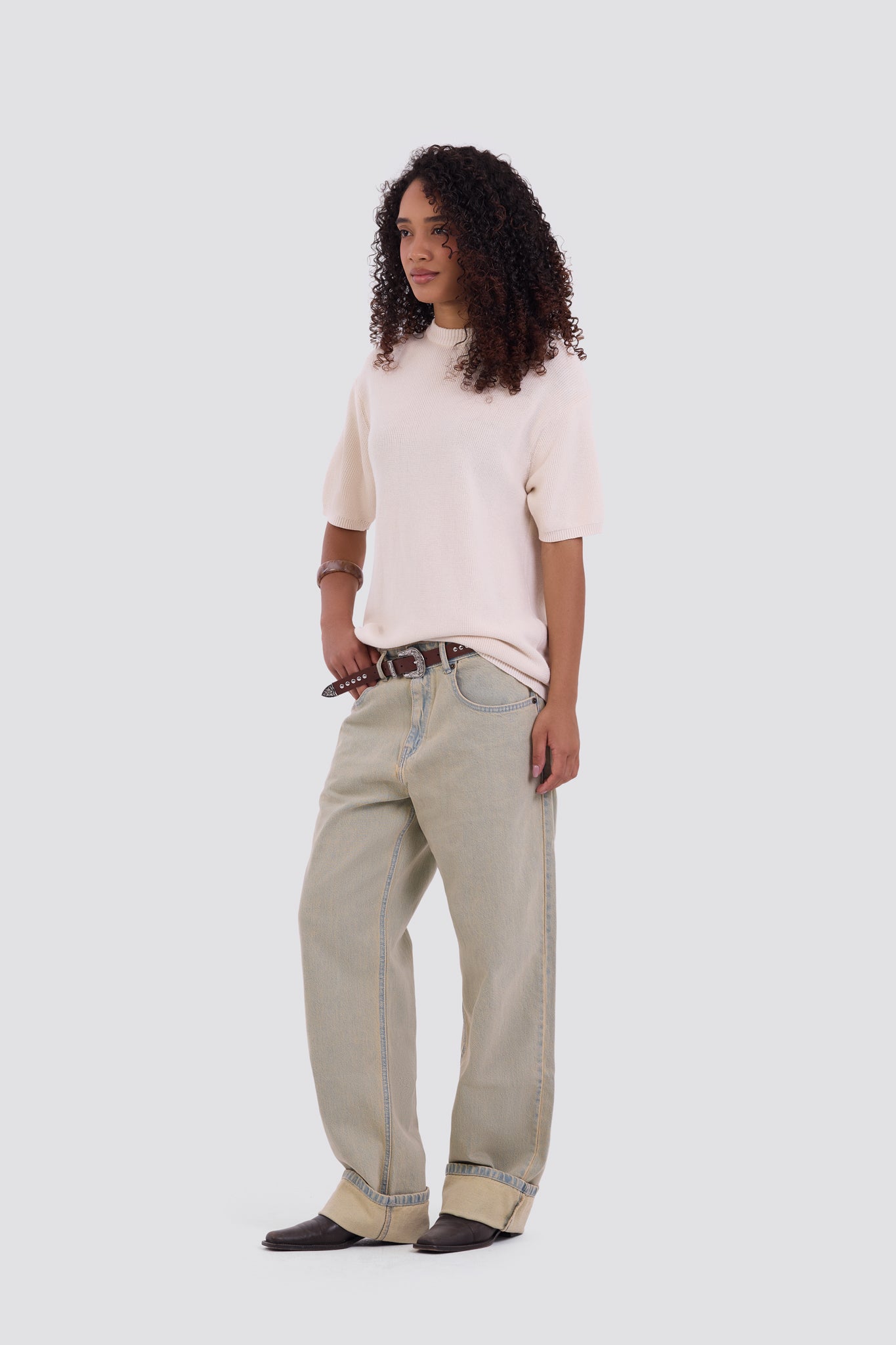 03C Relaxed Cream Knit Cotton T-Shirt