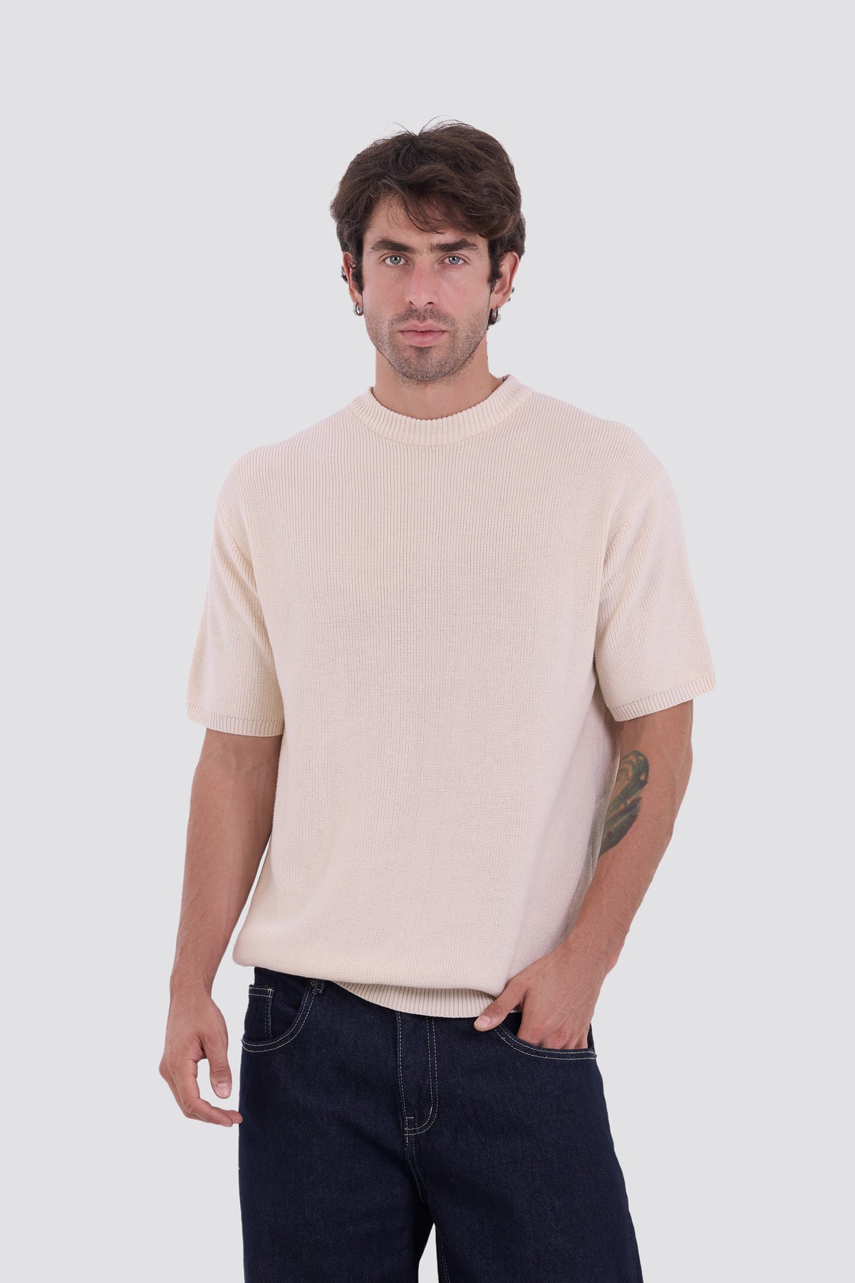 03C Relaxed Cream Knit Cotton T-Shirt