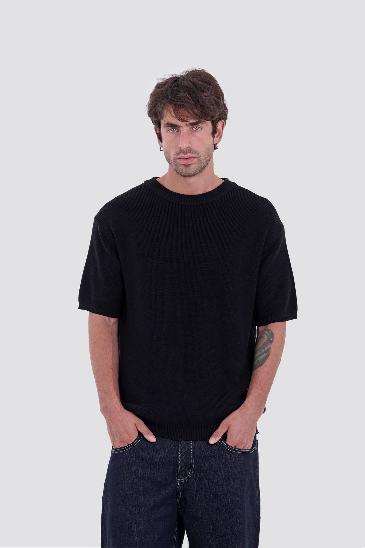 03C Relaxed Black Knit Cotton T-Shirt