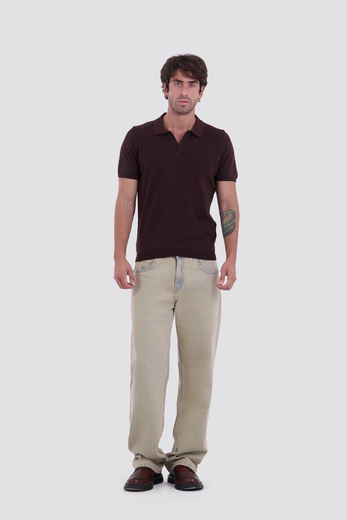 03C Relaxed Brown Knit V-Neck Polo Shirt