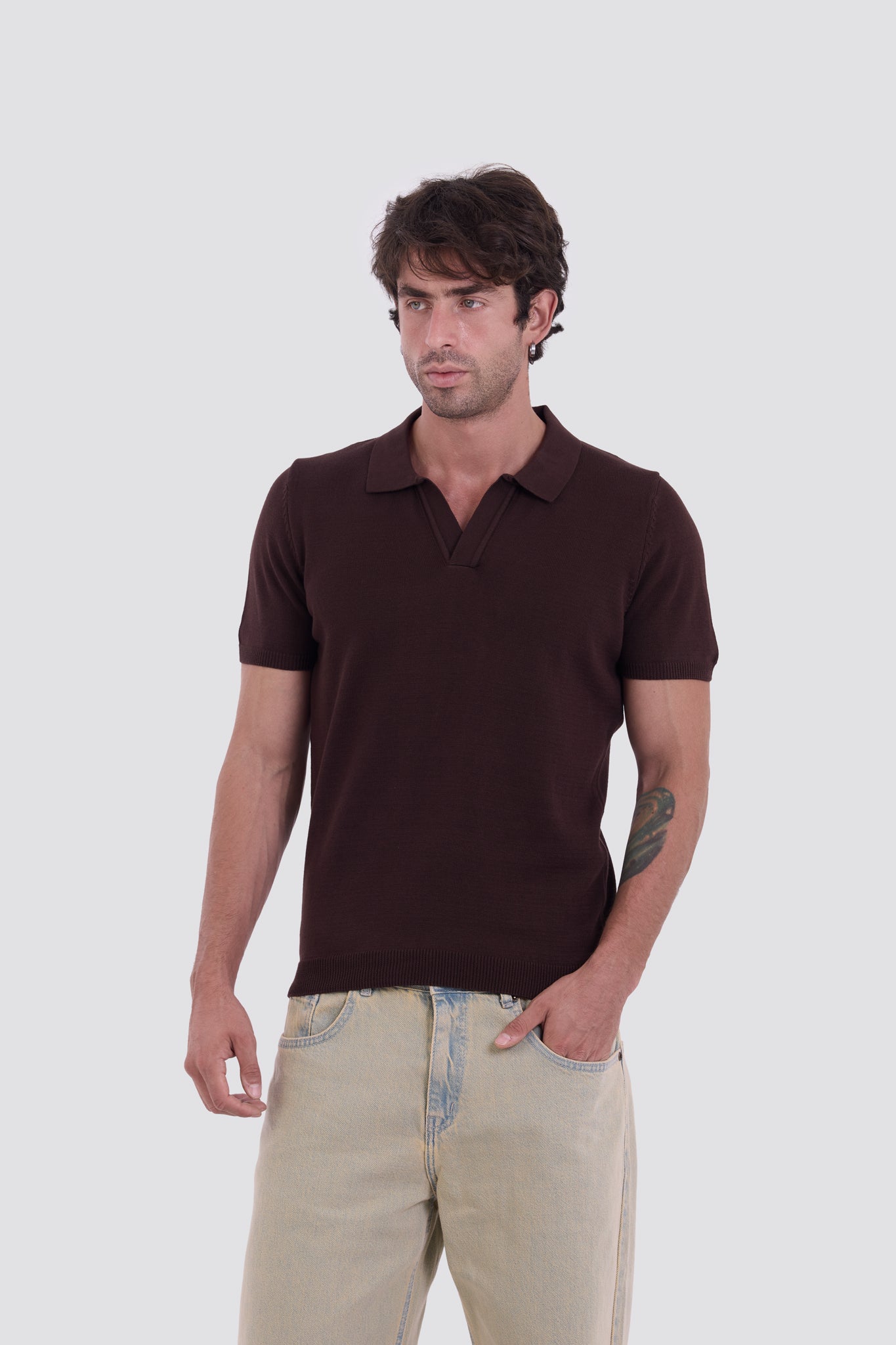 03C Relaxed Brown Knit V-Neck Polo Shirt