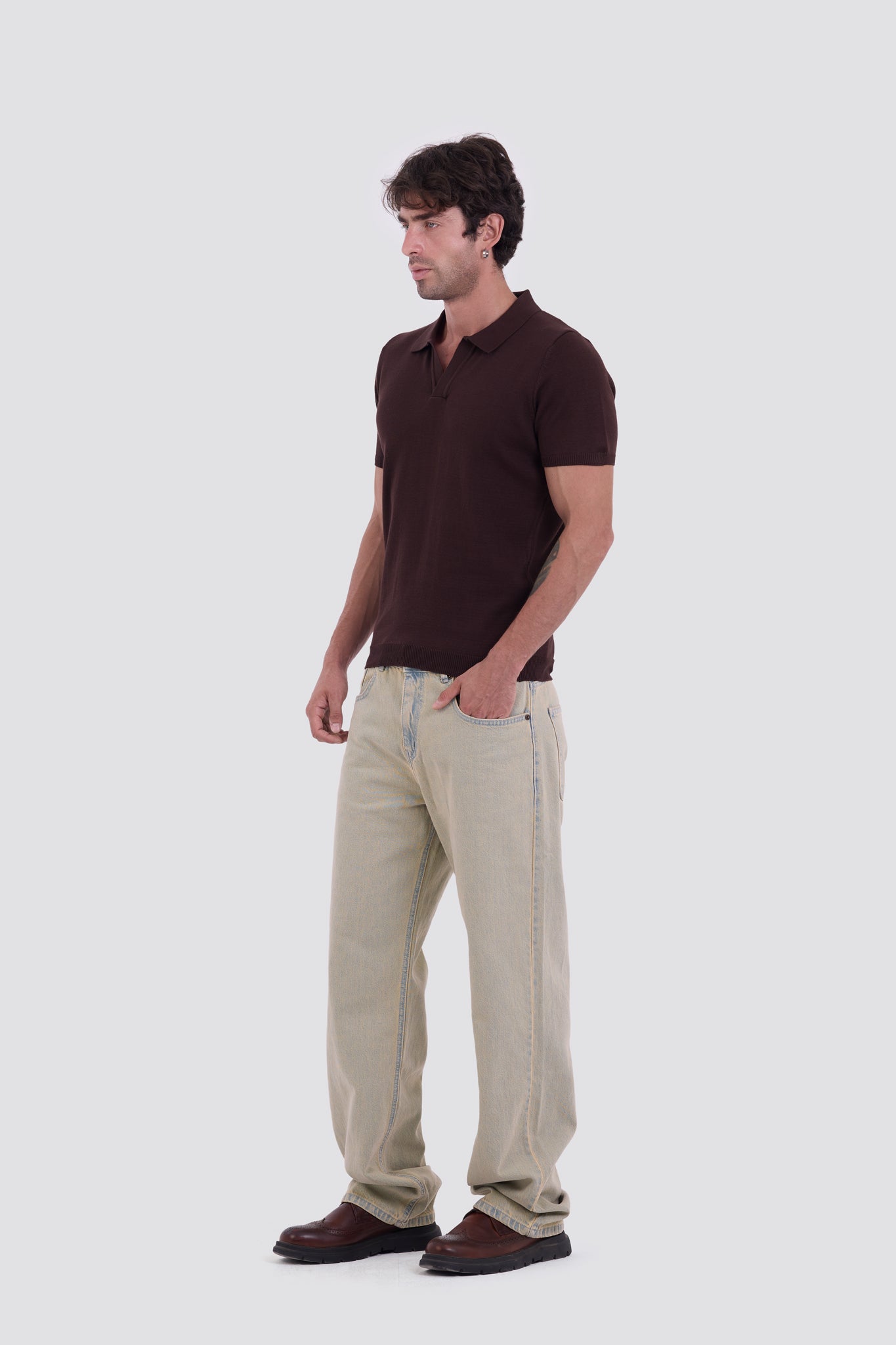 03C Relaxed Brown Knit V-Neck Polo Shirt