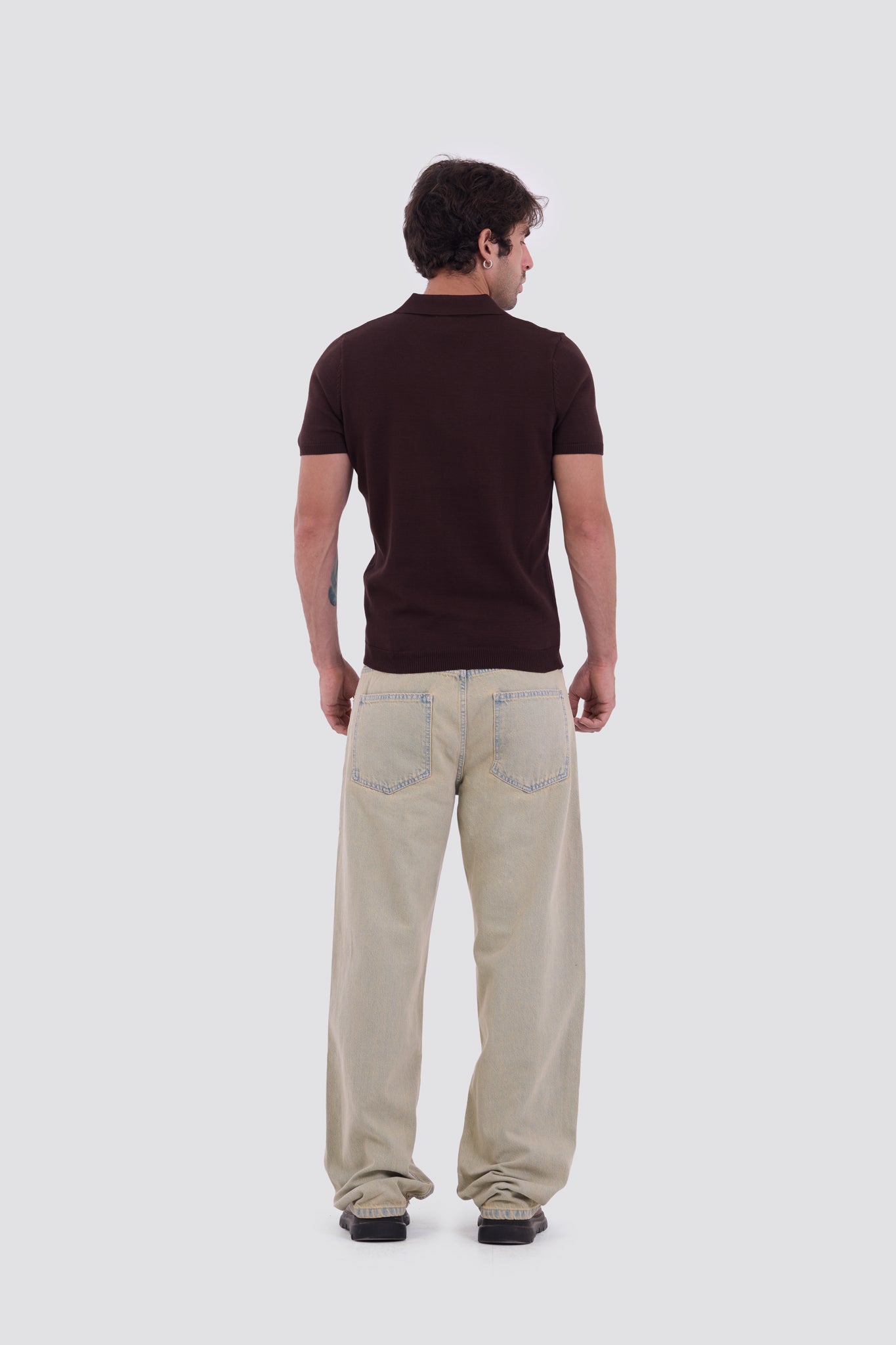 03C Relaxed Brown Knit V-Neck Polo Shirt
