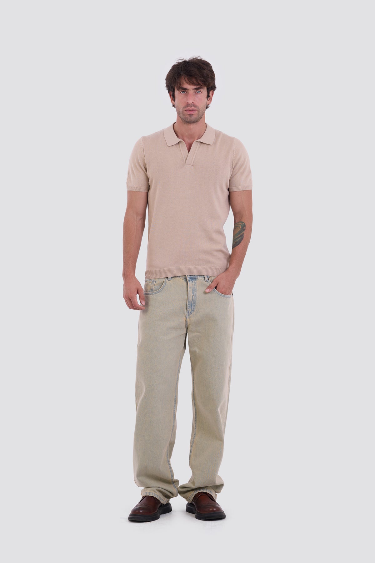 03C Relaxed Beige Knit V-Neck Polo Shirt