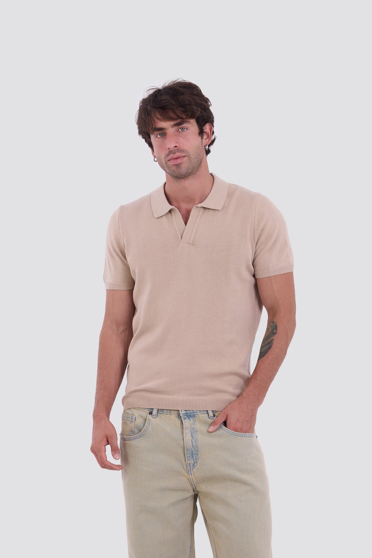 03C Relaxed Beige Knit V-Neck Polo Shirt