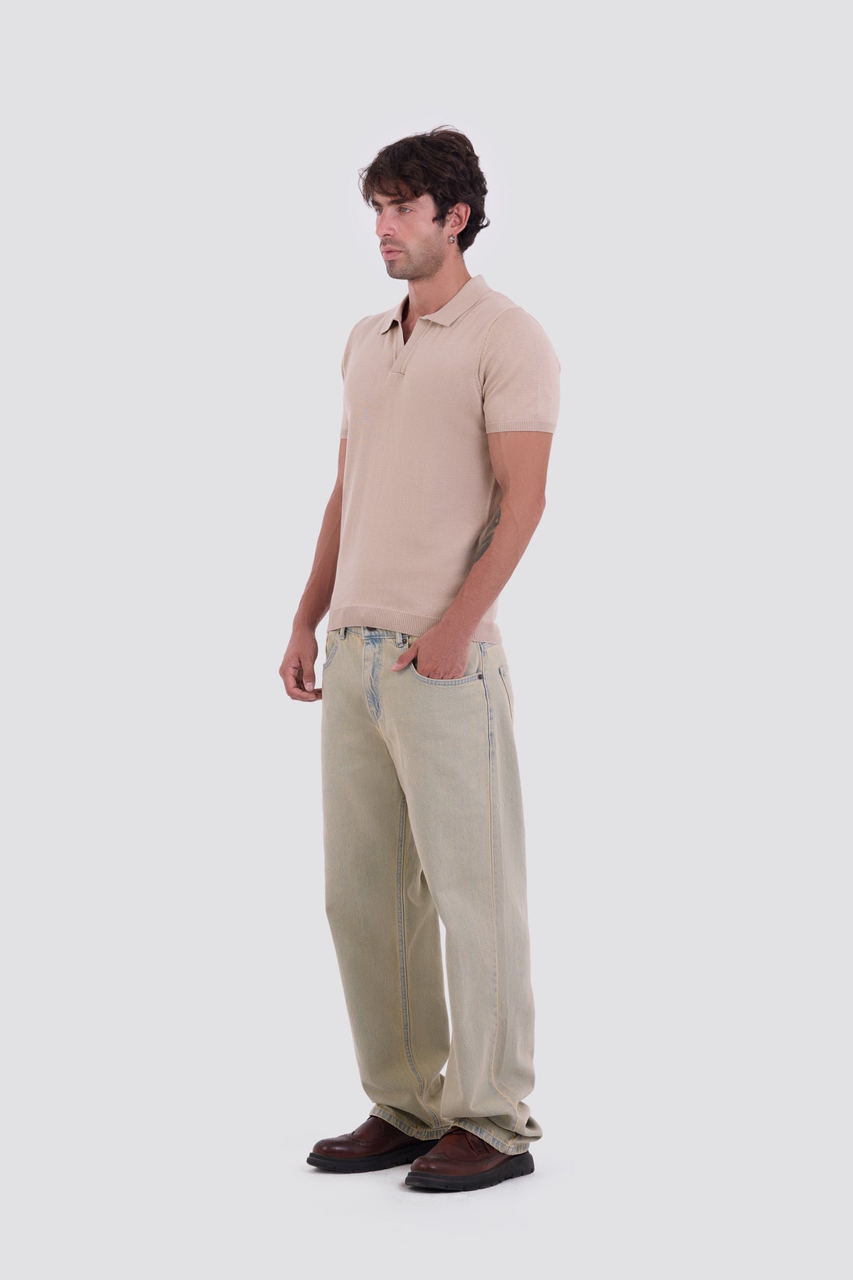 03C Relaxed Beige Knit V-Neck Polo Shirt