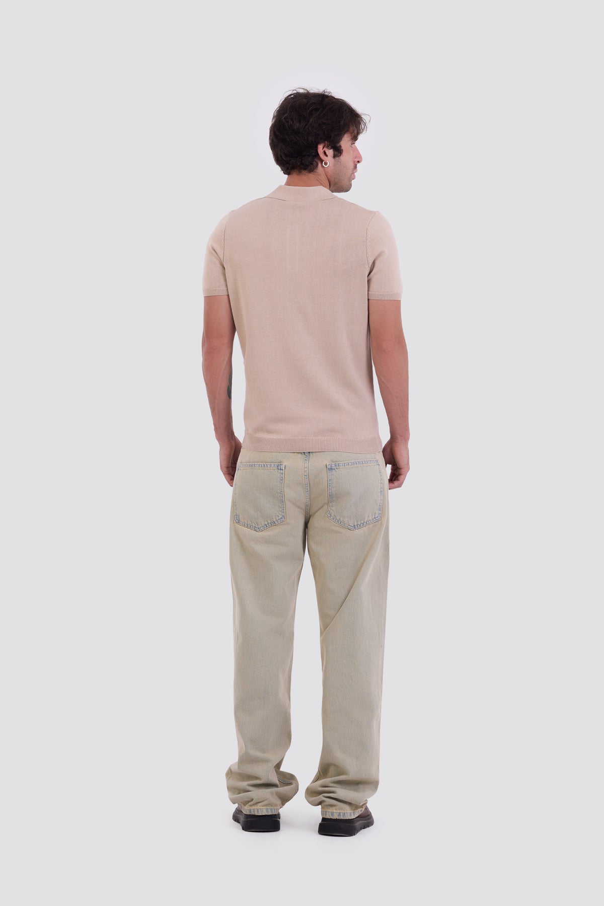 03C Relaxed Beige Knit V-Neck Polo Shirt