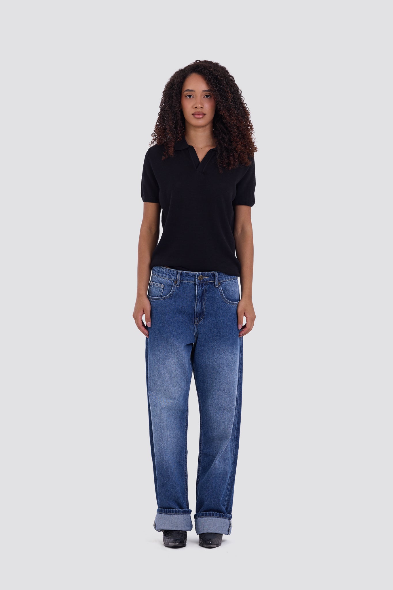 03C Relaxed Black Knit V-Neck Polo Shirt