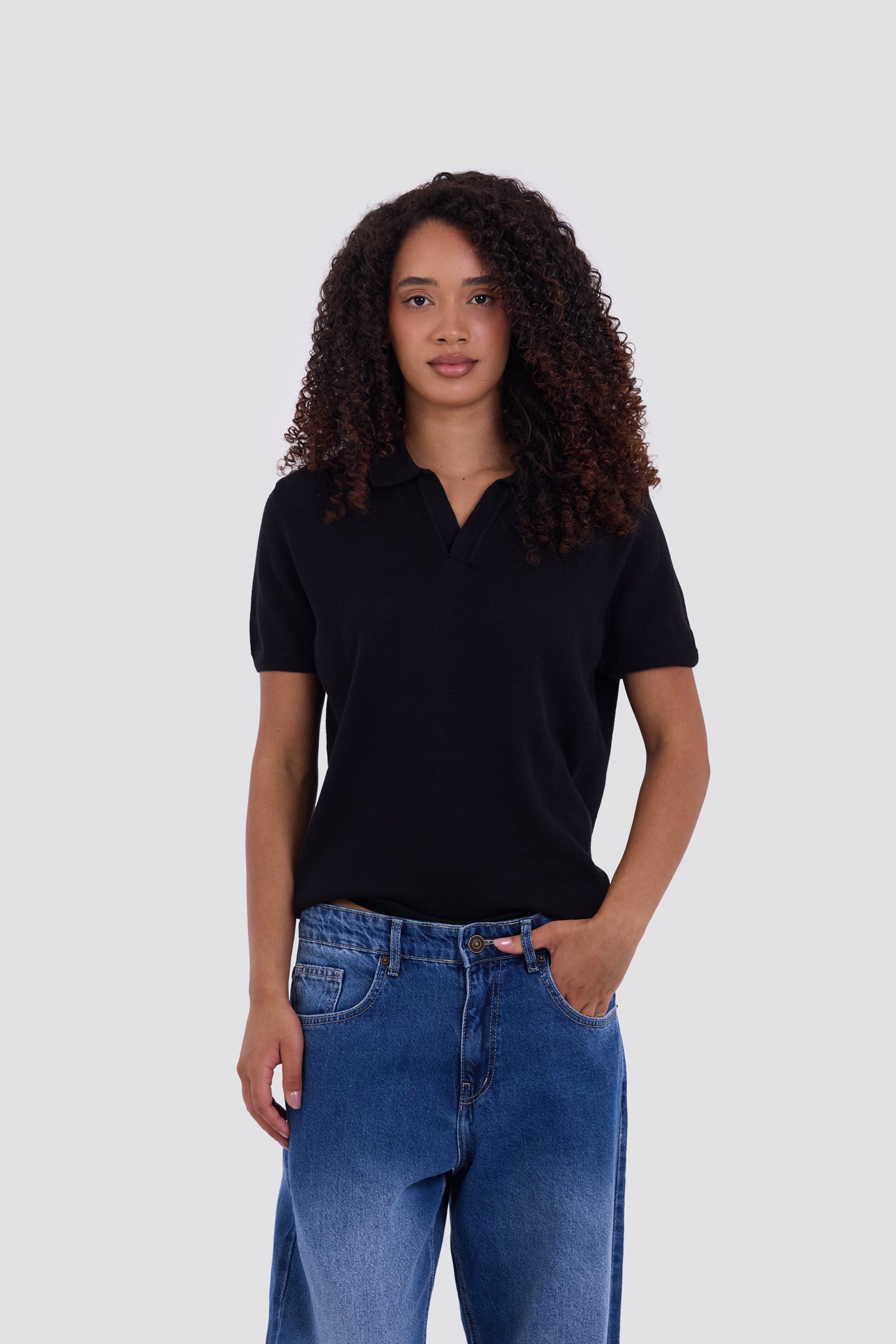 03C Relaxed Black Knit V-Neck Polo Shirt