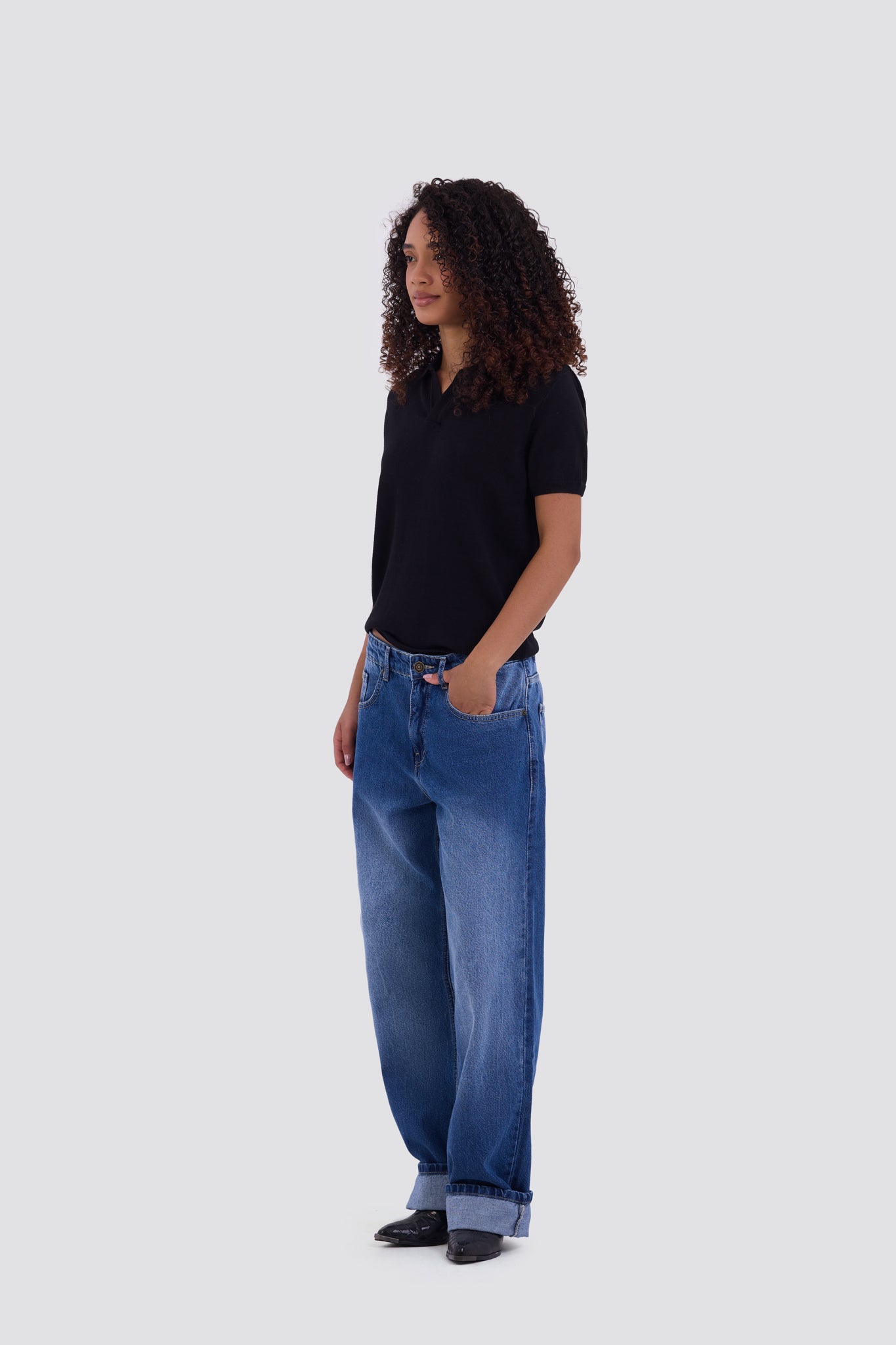 03C Relaxed Black Knit V-Neck Polo Shirt